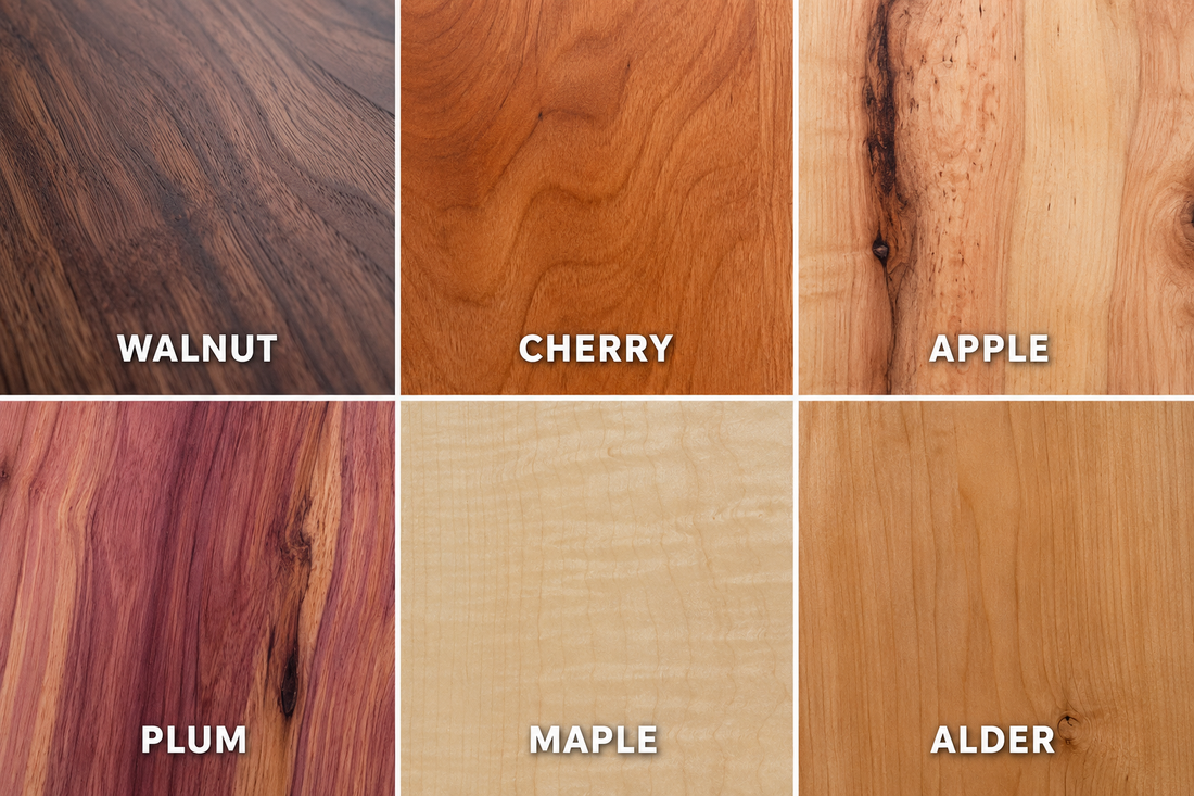 Six wood grain samples side by side, each labeled with the wood species name