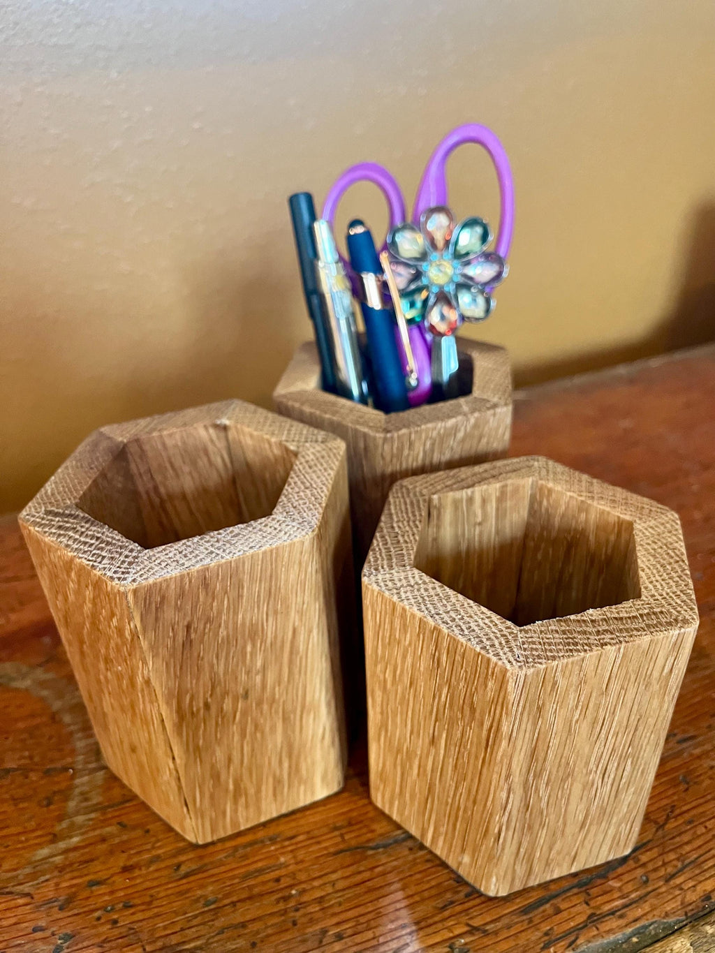 Handmade Reclaimed Oak Pen Holder | Rustic Desk Organizer