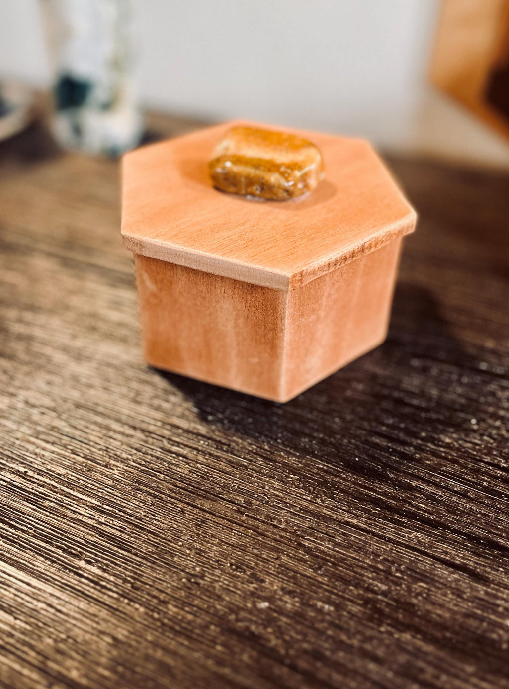 Handmade Mahogany Hexagon Jewelry Box with Agate Stone Lid