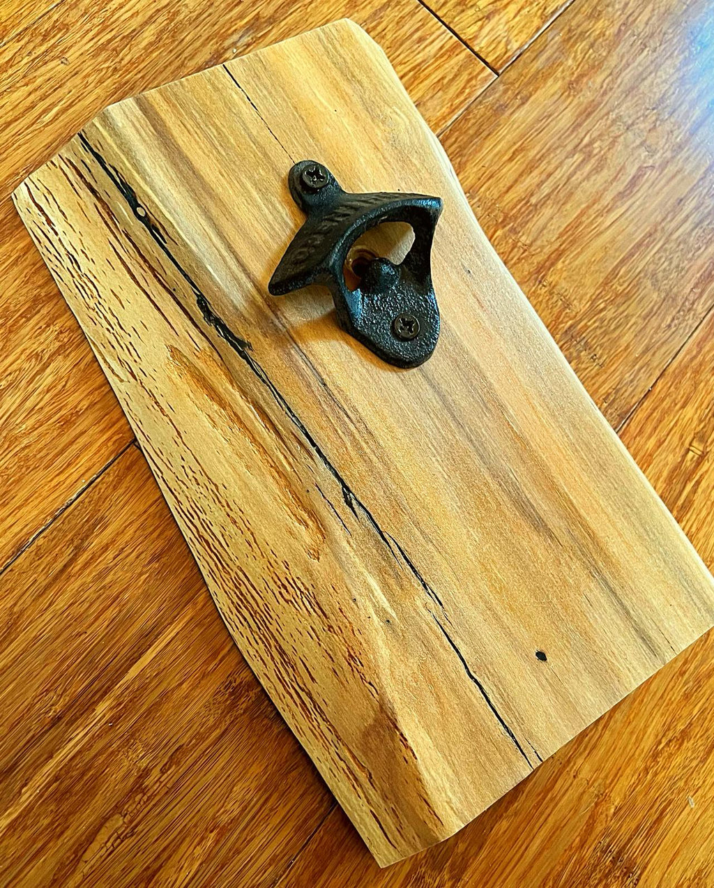 Live-Edge Apple Wood Bottle Opener: Wall Mounted Vintage Cast Iron