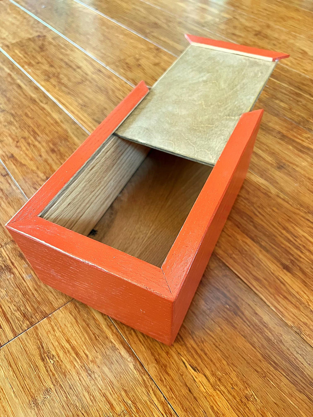 Handmade Recycled Oak Storage Box: Orange Milk Paint Finish, Felt Bottom