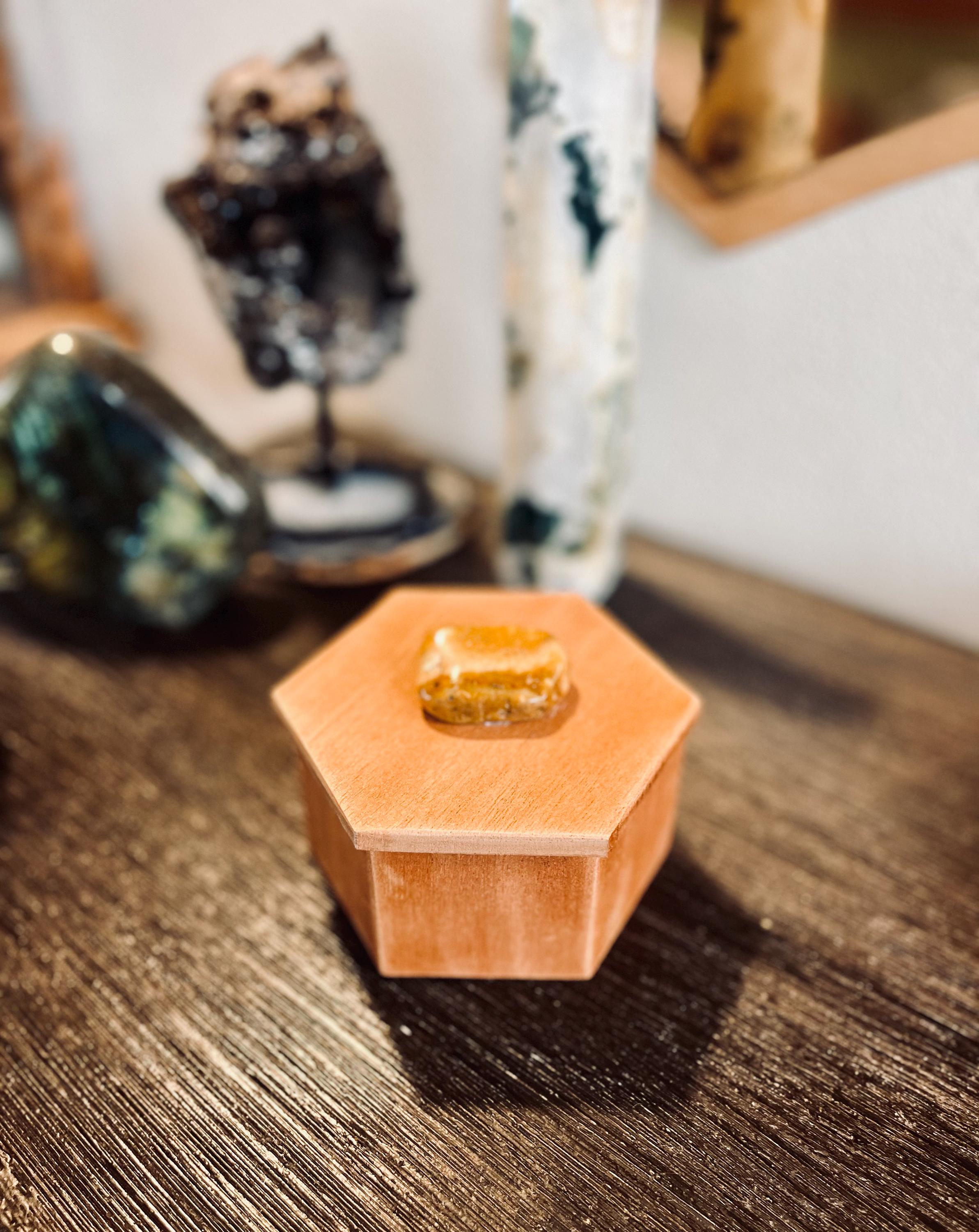 Handmade Mahogany Hexagon Jewelry Box with Agate Stone Lid