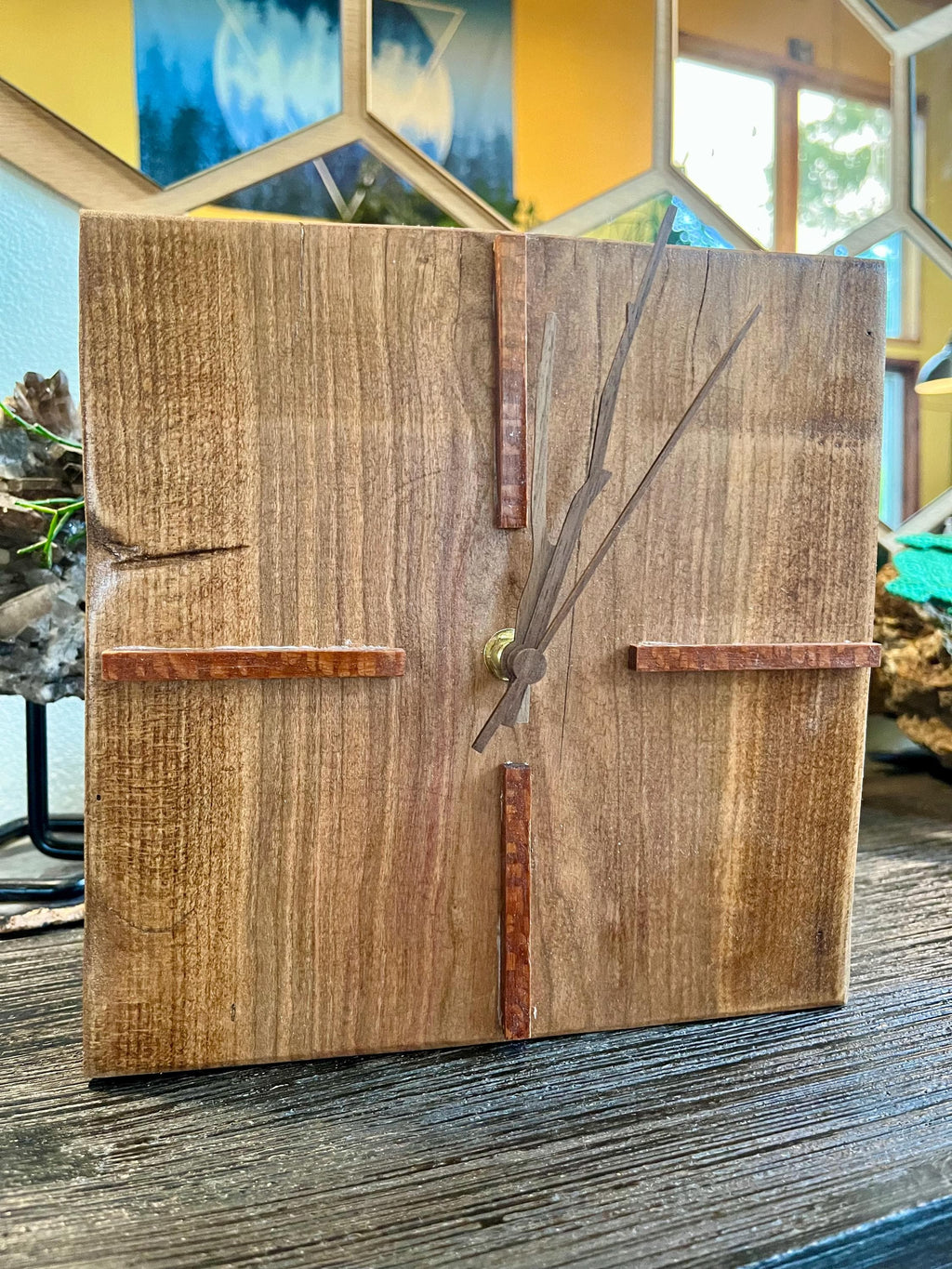 Handmade Live-Edge Plum Wood Clock: Walnut & Leopardwood Inlays