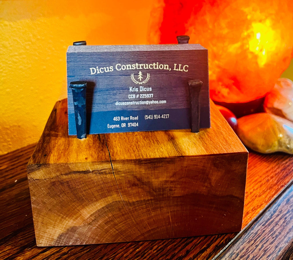 Handmade Plum and Apple Wood Business Card Holder: Rustic Desk Decor with Antique Nails