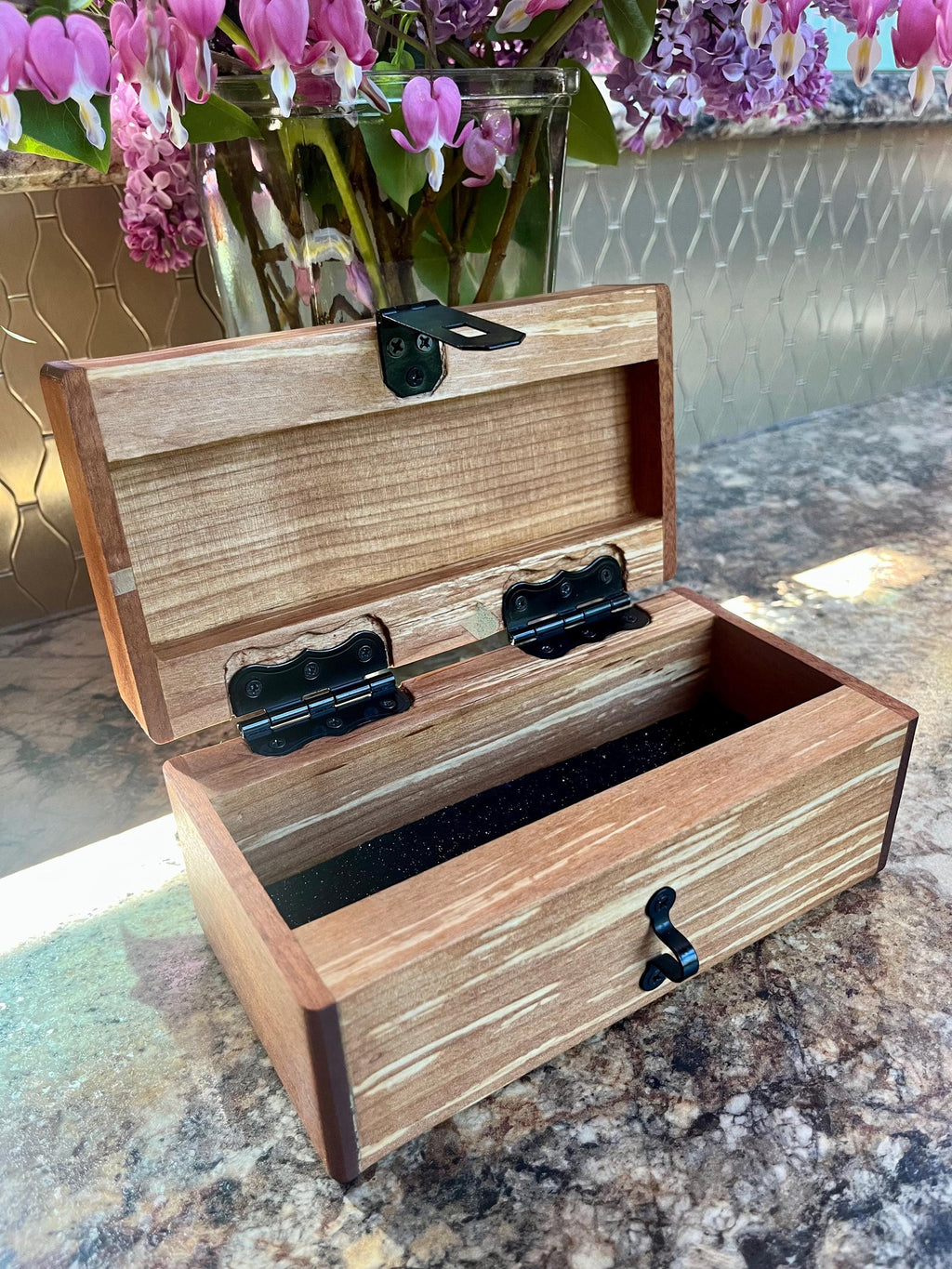 Handmade Alder & Mahogany Jewelry Box: Tung Oil Finish, Sparkle Black Felt