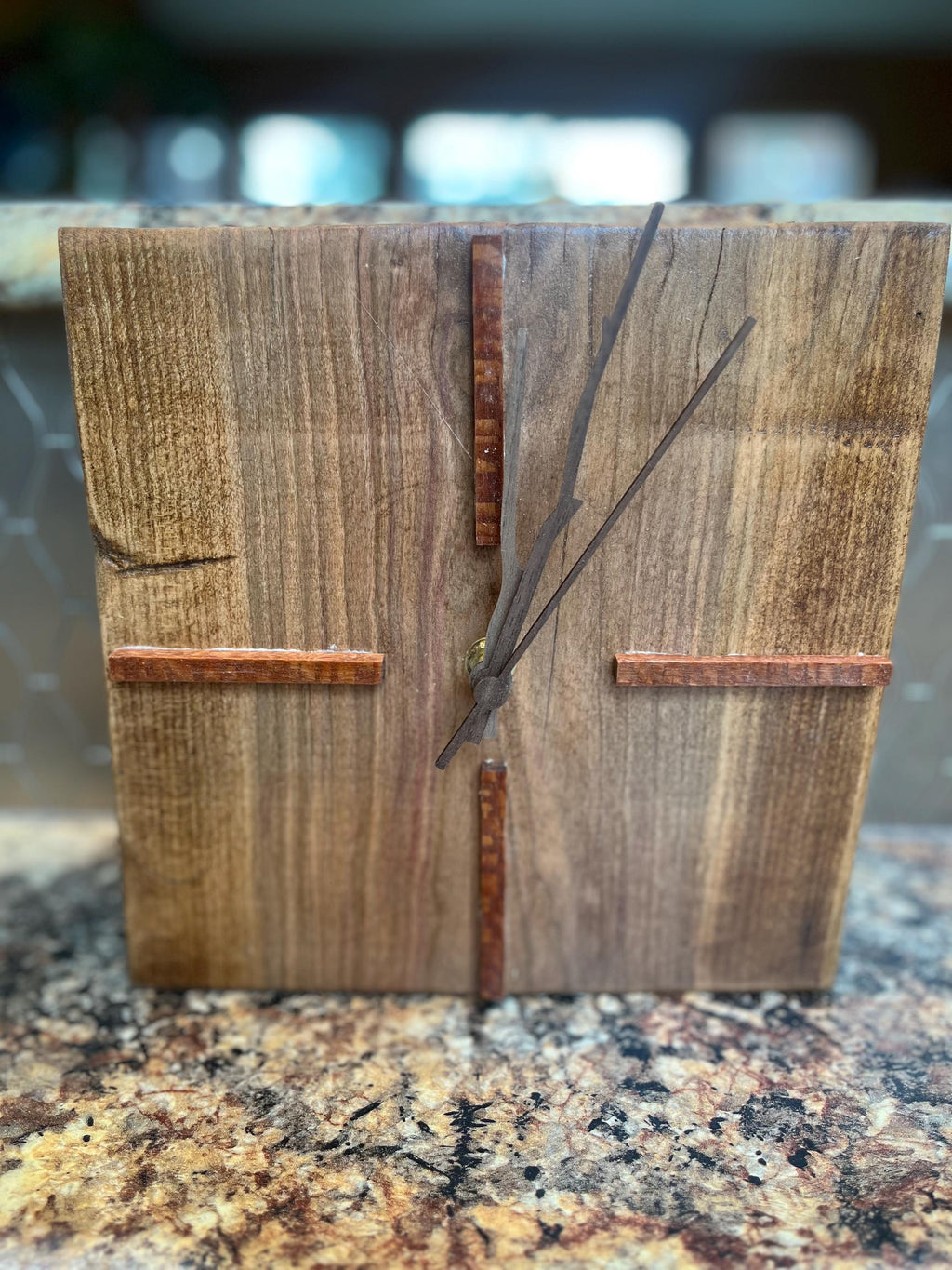 Handmade Live-Edge Plum Wood Clock: Walnut & Leopardwood Inlays