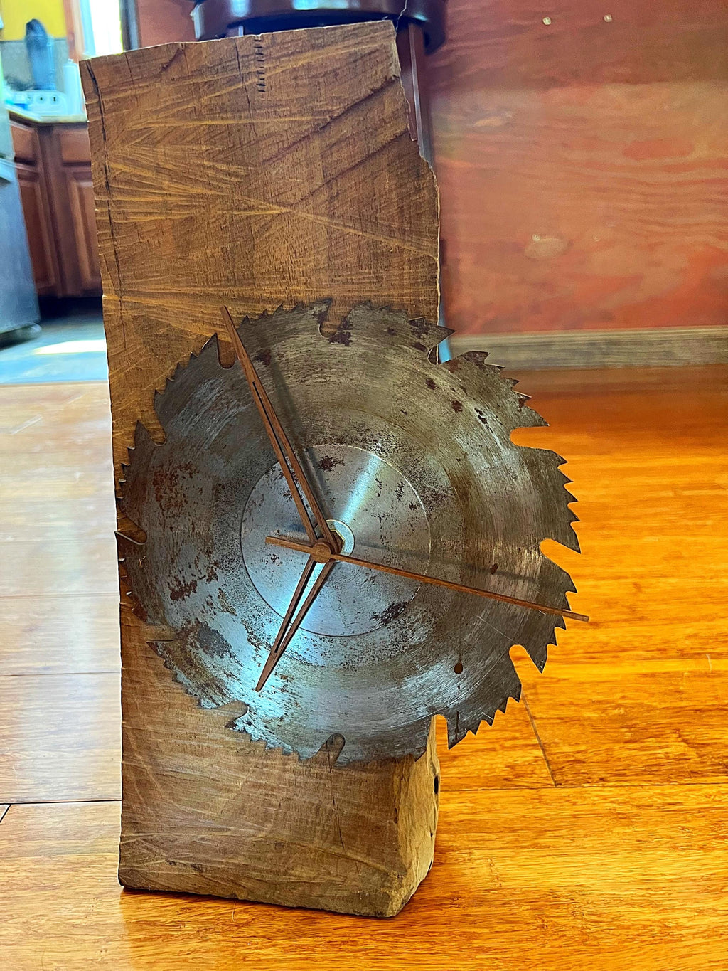 Handmade Walnut Desk Clock with Upcycled Saw Blade: Rustic Man Cave Decor