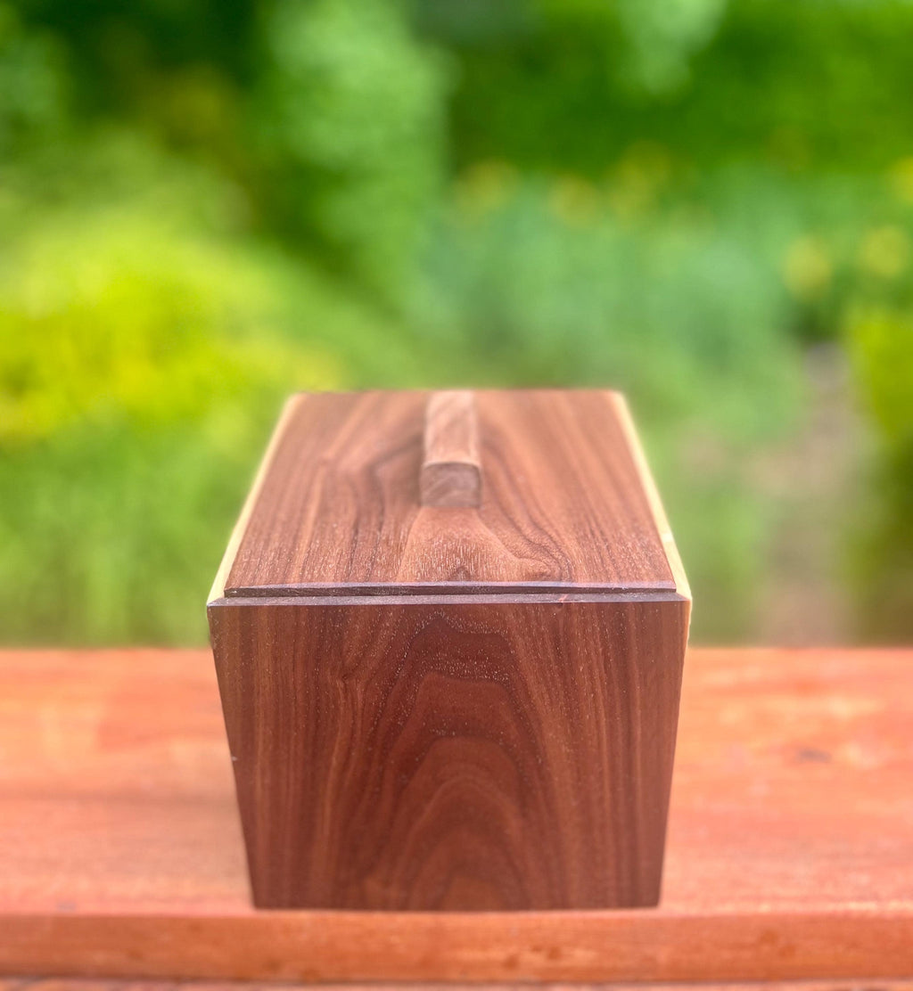 Handmade Walnut & Maple Cube Box: Blue Sparkle Felt Lined