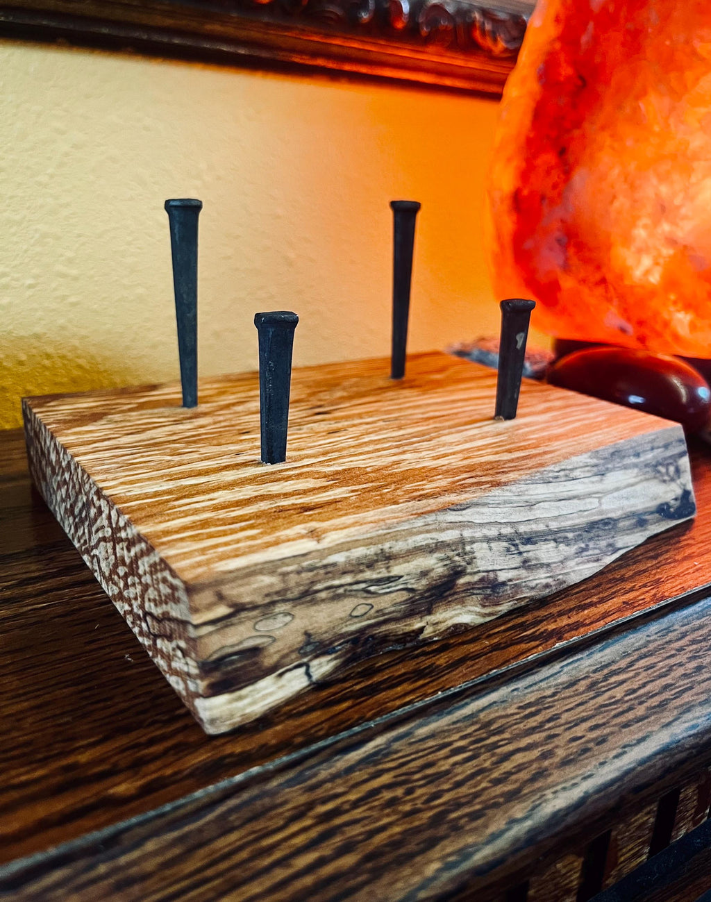Live-Edge Apple Wood Business Card Holder: Handmade Desk Decor with Antique Nails