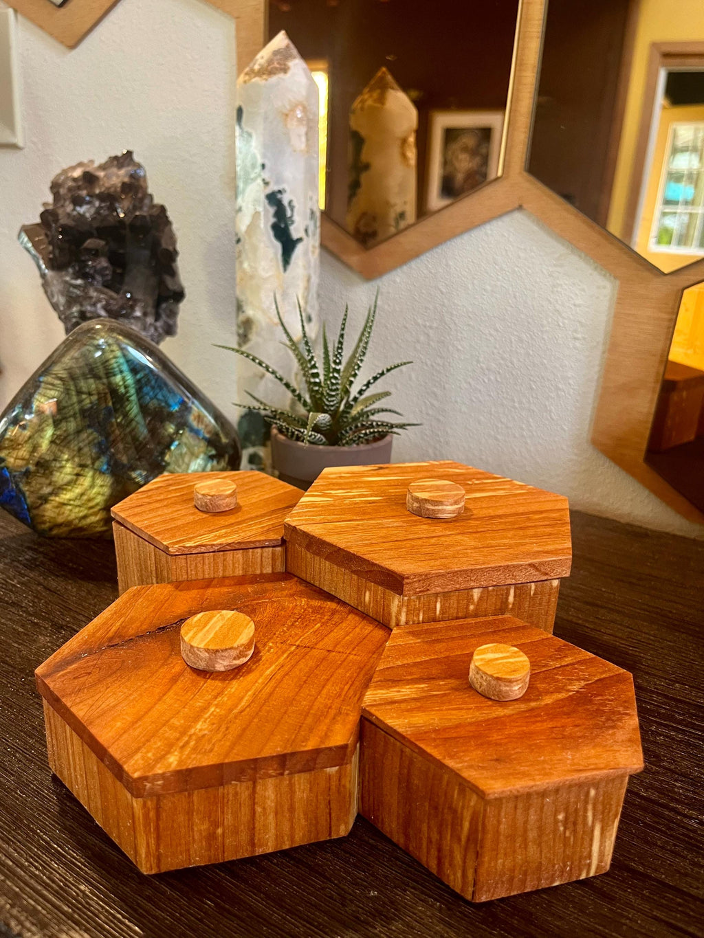 Handmade Alder Wood Honeycomb Jewelry Box: Blue Sparkle Felt Lining