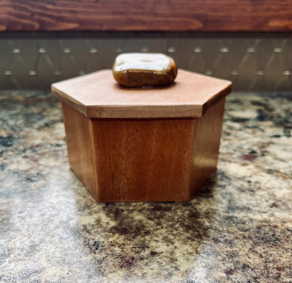 Handmade Mahogany Hexagon Jewelry Box with Agate Stone Lid
