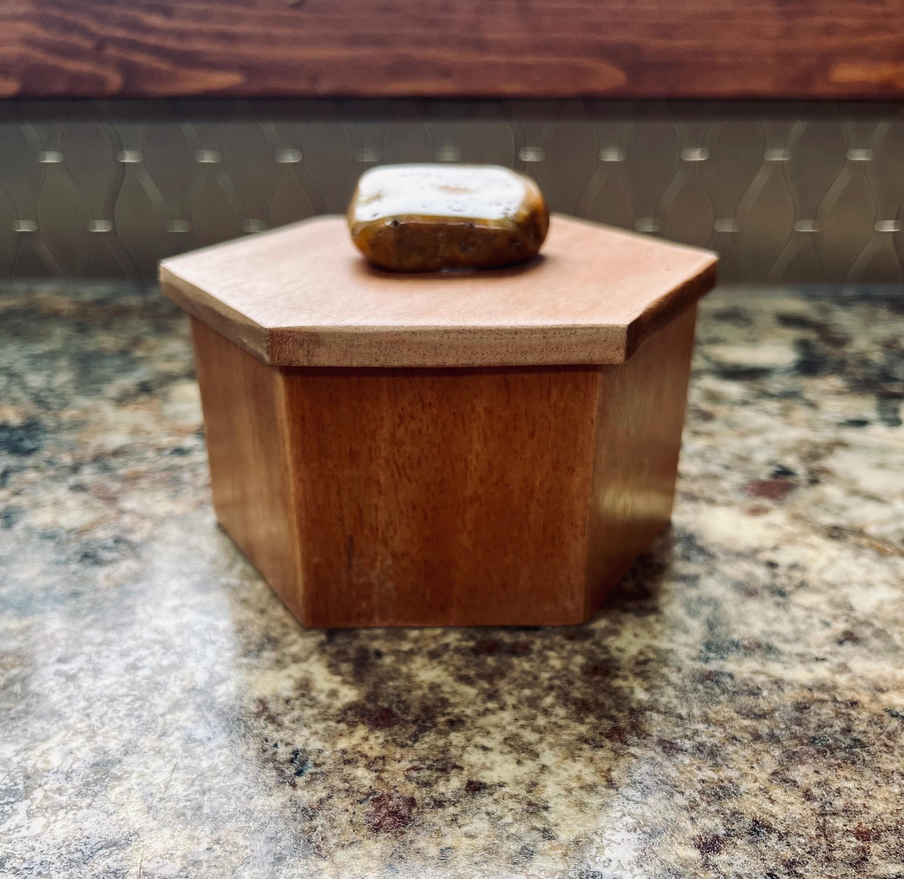 Handmade African Mahogany Hexagon Jewelry Box with Agate Stone Lid