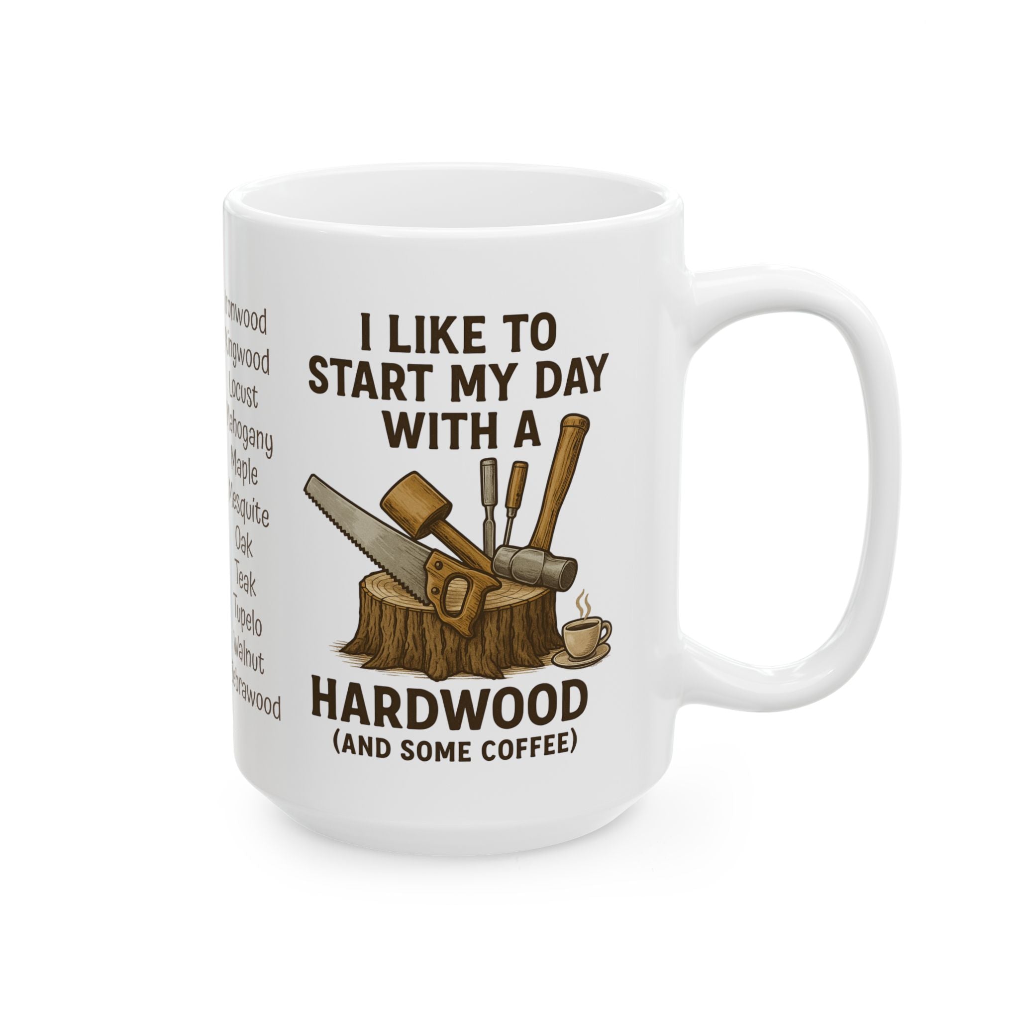 Funny Woodworking Mug with 22 Hardwoods | 15oz Ceramic Coffee or Tea Cup | Locally Grown Gifts | Woodworker Gift
