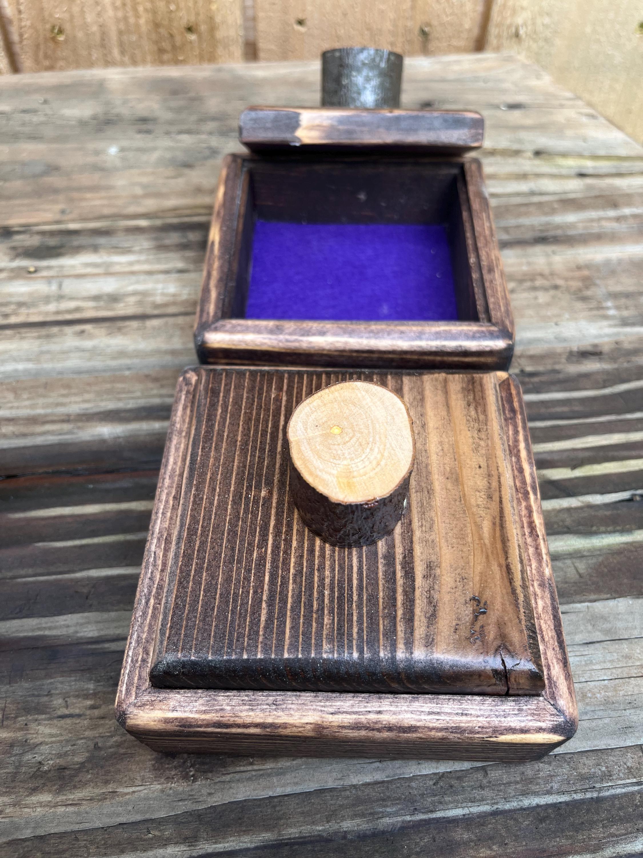 Handmade Spruce Wood Jewelry Box Set – Rustic Plum Wood Pulls, Purple Felt