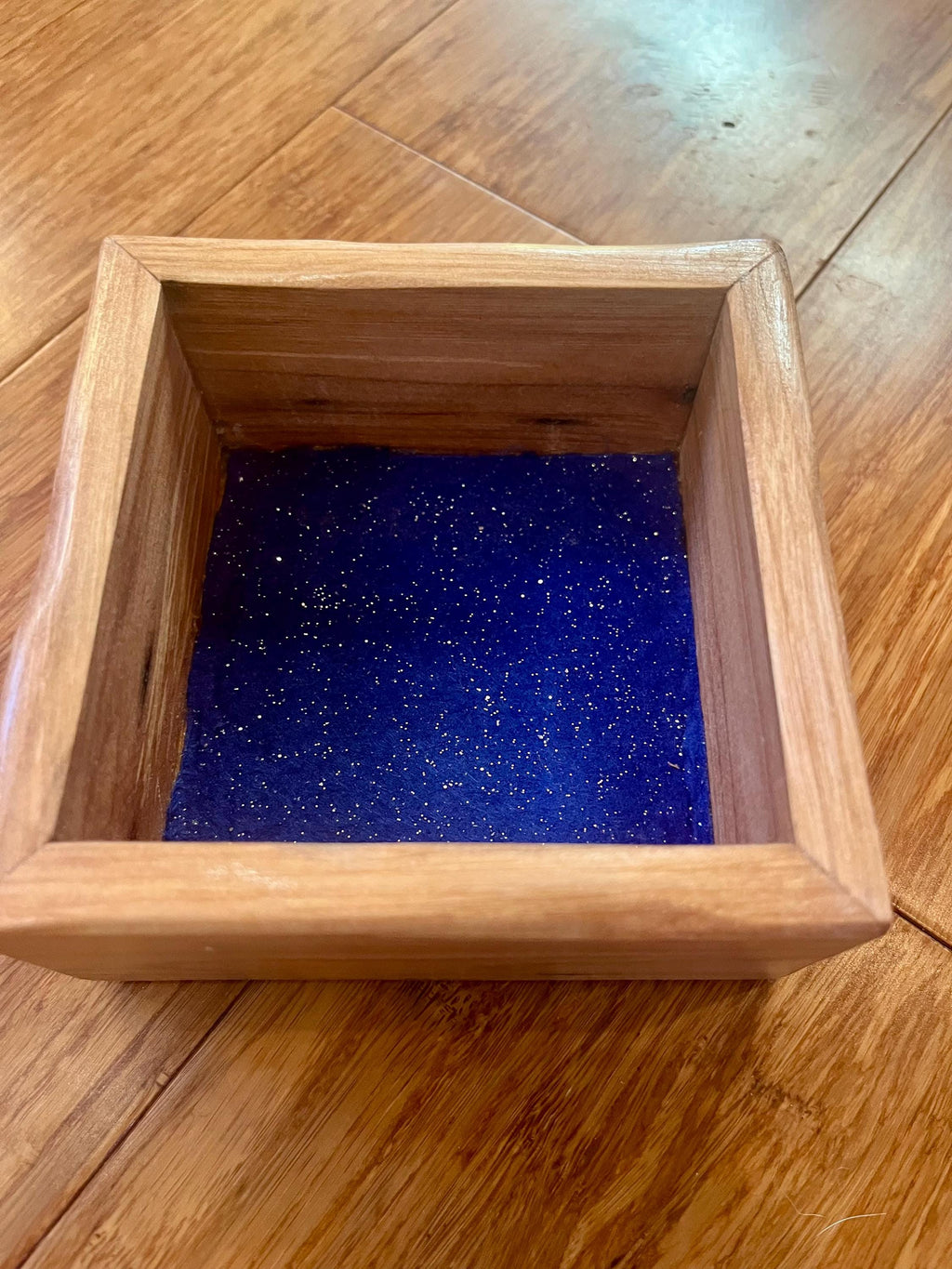 Handmade Plum Wood Ring Tray | Live Edge Jewelry Dish, Blue Felt Lined