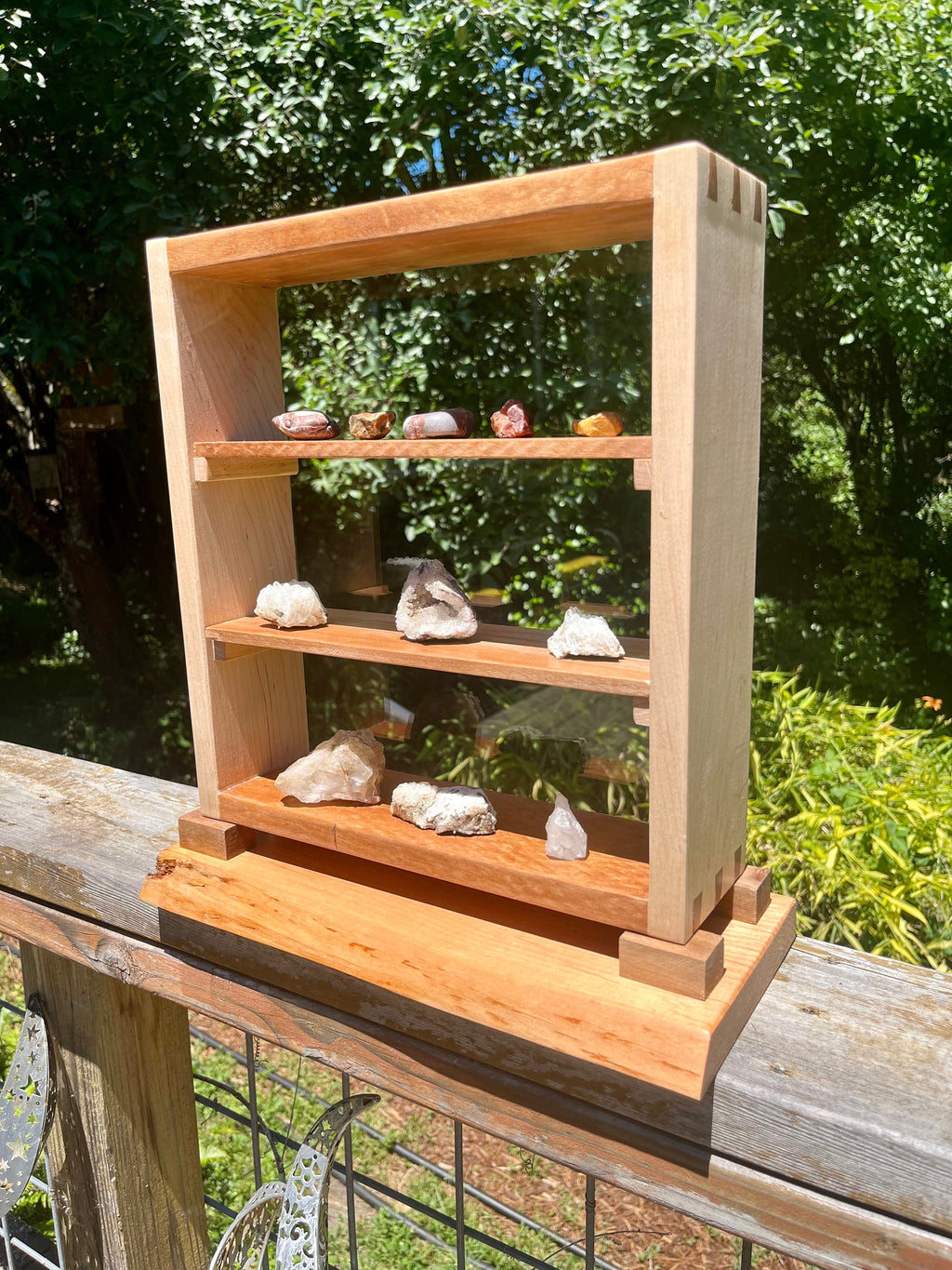Handmade Wood Desktop Shelf: Mahogany, Oak & Live Edge Alder Base
