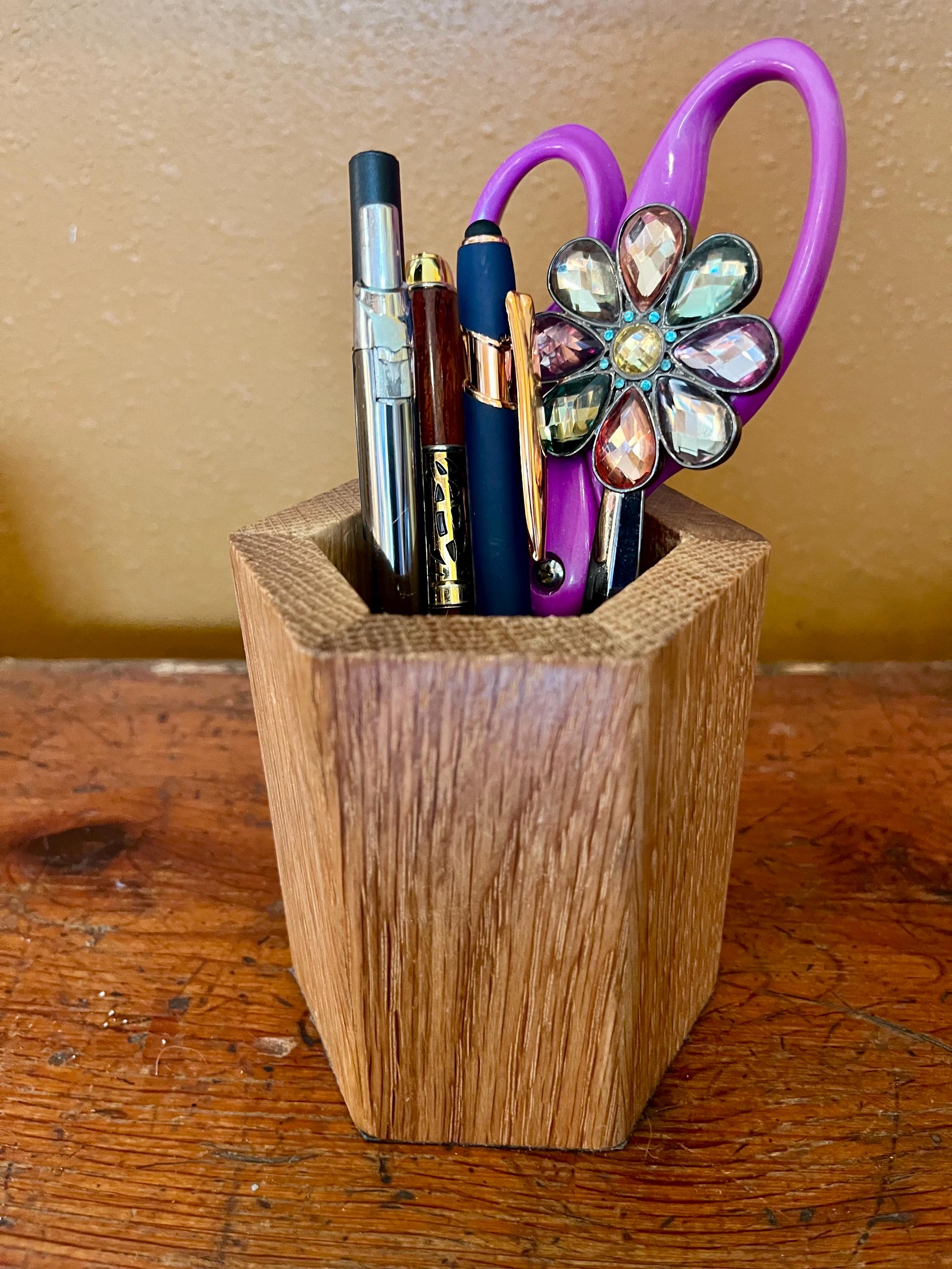 Handmade Reclaimed Oak Pen Holder | Rustic Desk Organizer