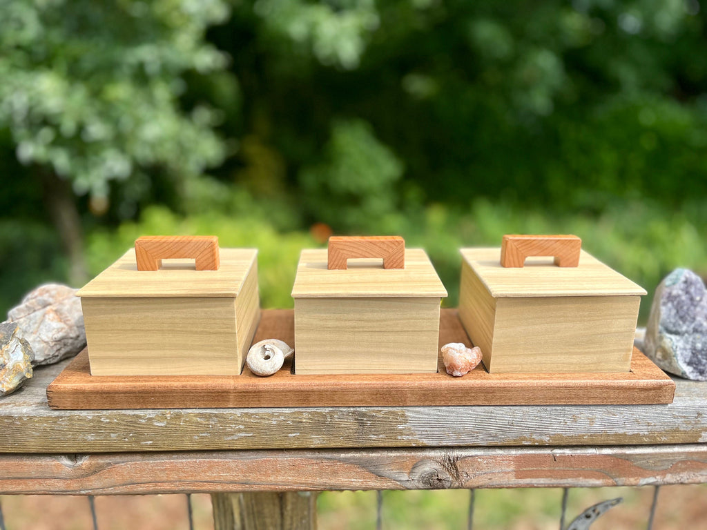 Up-cycled Wood Box Set: Poplar Boxes on Reclaimed Mahogany Tray