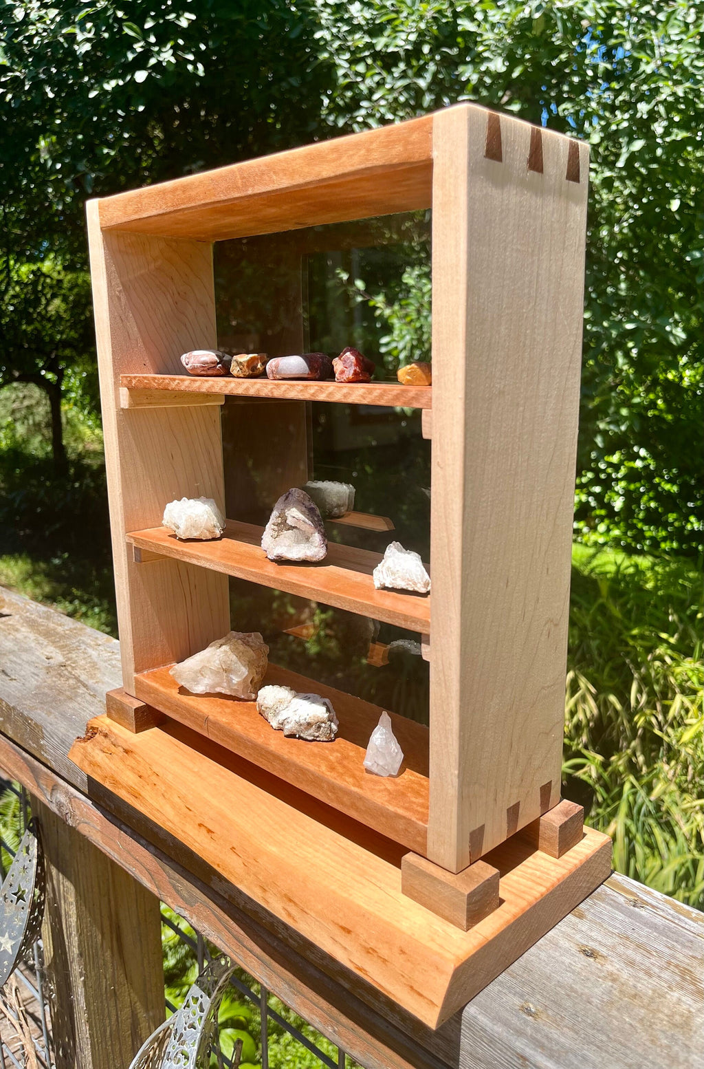 Handmade Wood Desktop Shelf: Mahogany, Oak & Live Edge Alder Base