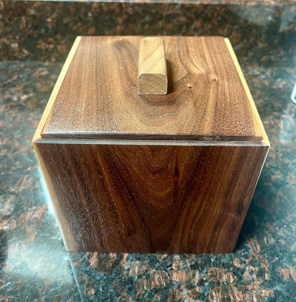 Handmade Walnut & Maple Cube Box: Blue Sparkle Felt Lined