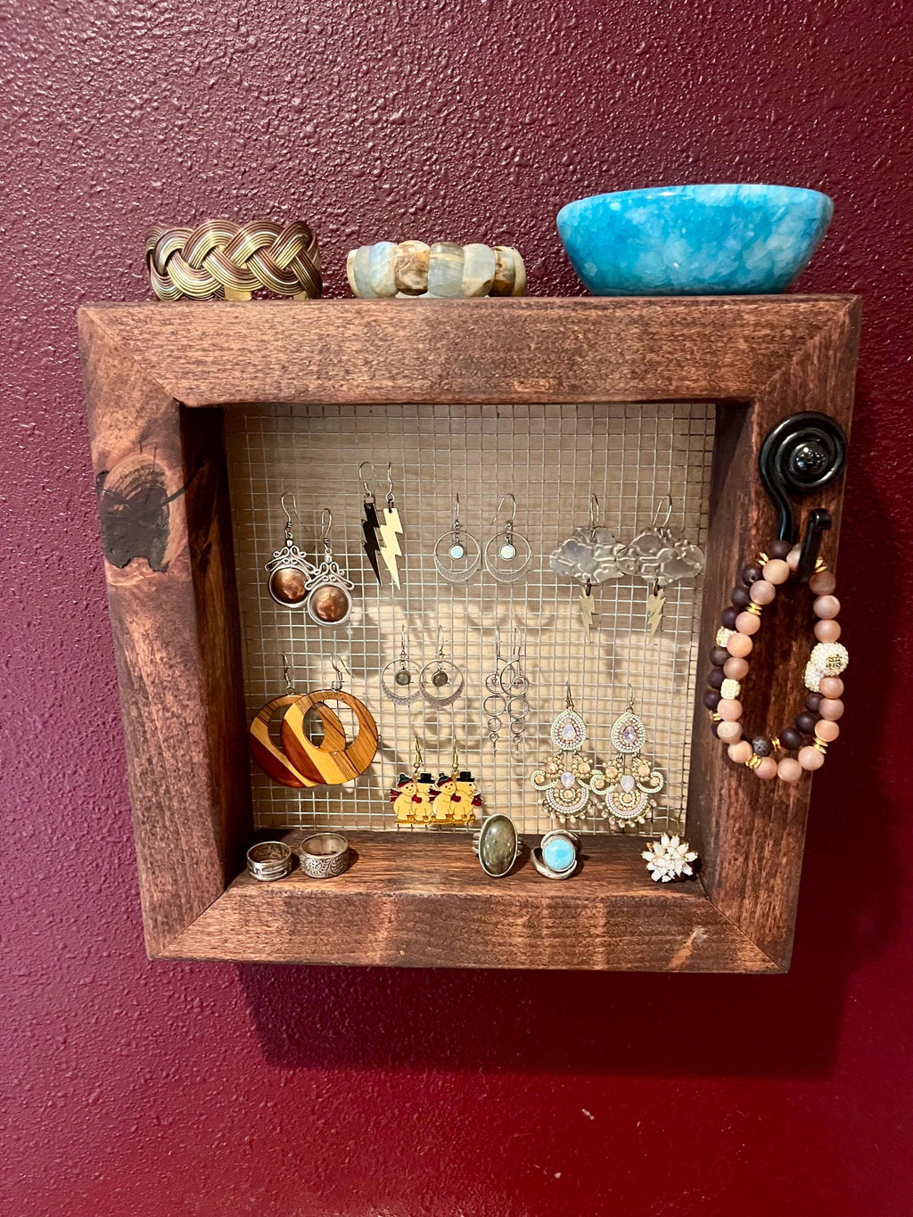 Wall Hanging Alder Wood Jewelry Display with Mesh Backing, Necklace Hook, Shelf | Locally Grown Wood