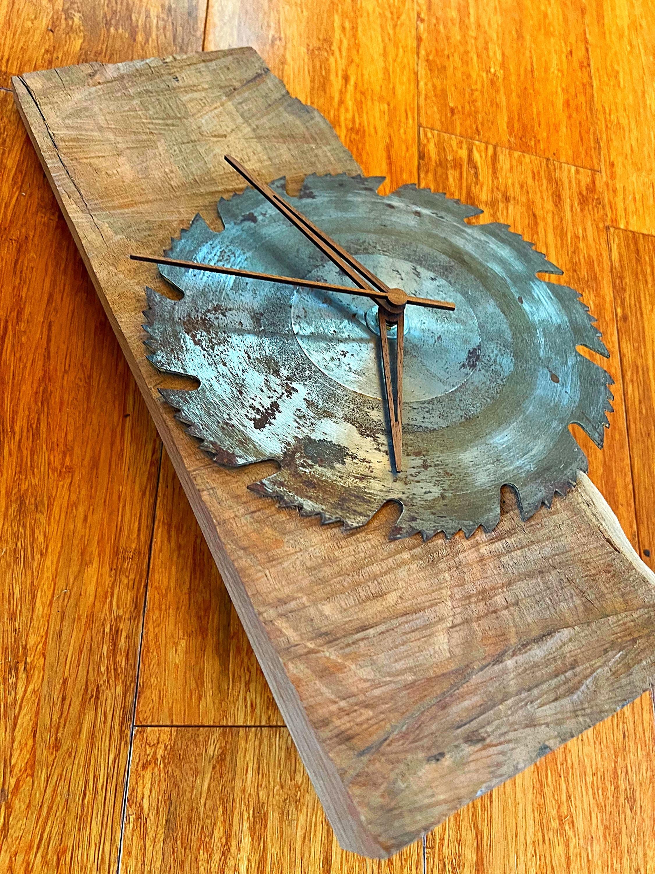 Handmade Walnut Desk Clock with Upcycled Saw Blade: Rustic Man Cave Decor
