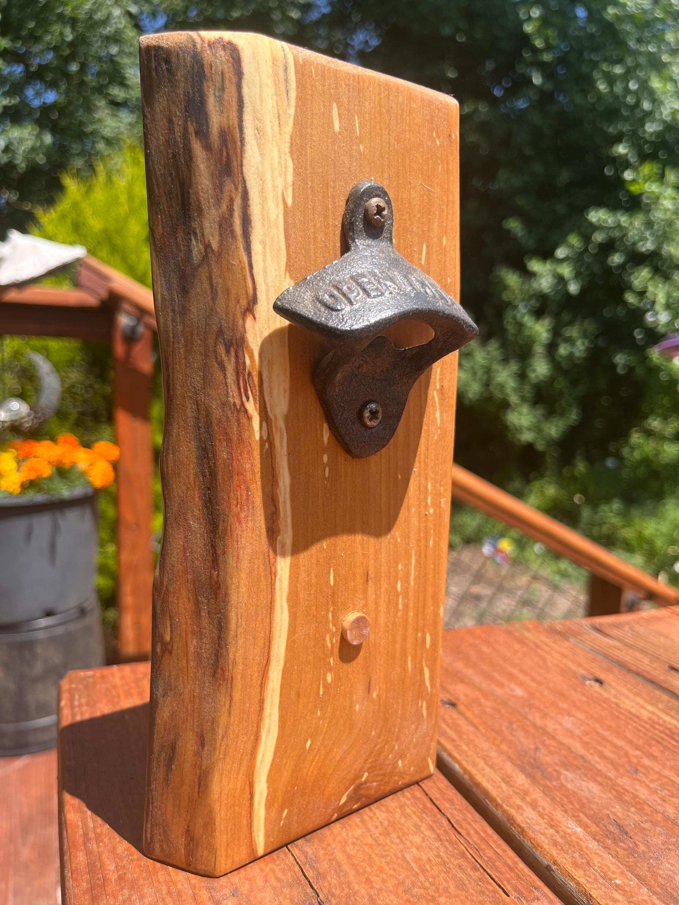Live Edge Apple Wood Bottle Opener: Rustic Wall Mounted Barware