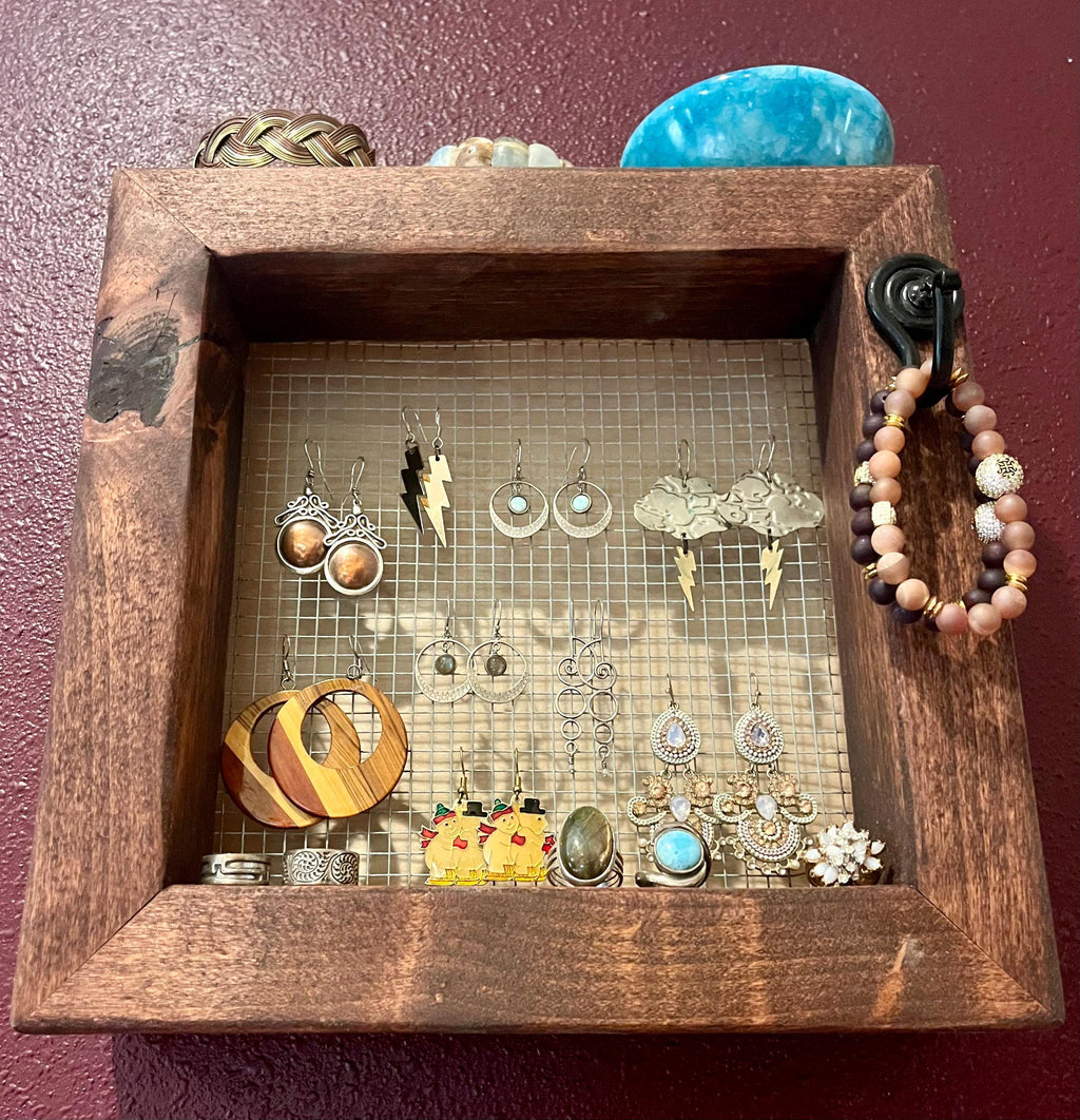 Wall Hanging Alder Wood Jewelry Display with Mesh Backing, Necklace Hook, Shelf | Locally Grown Wood