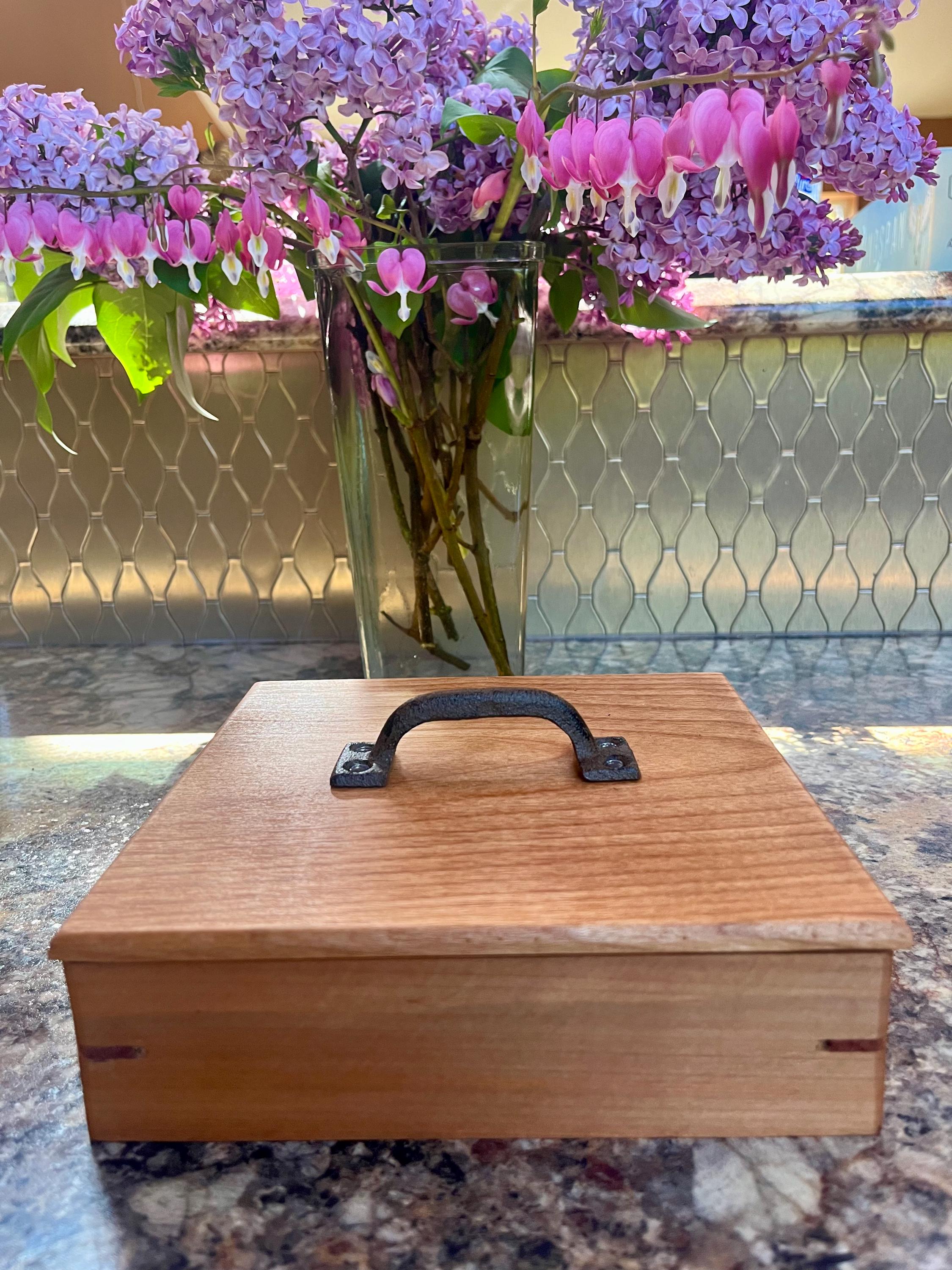 Reclaimed Cherry Wood Jewelry Box: Vintage Cast Iron Handle, Cedar Dividers