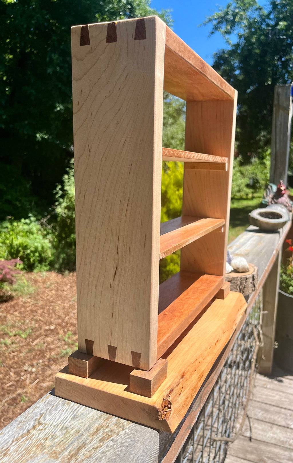 Handmade Wood Desktop Shelf: Mahogany, Oak & Live Edge Alder Base