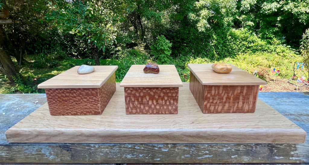Handmade Leopardwood Box Set: Oregon Agate Pulls, Oak Tray