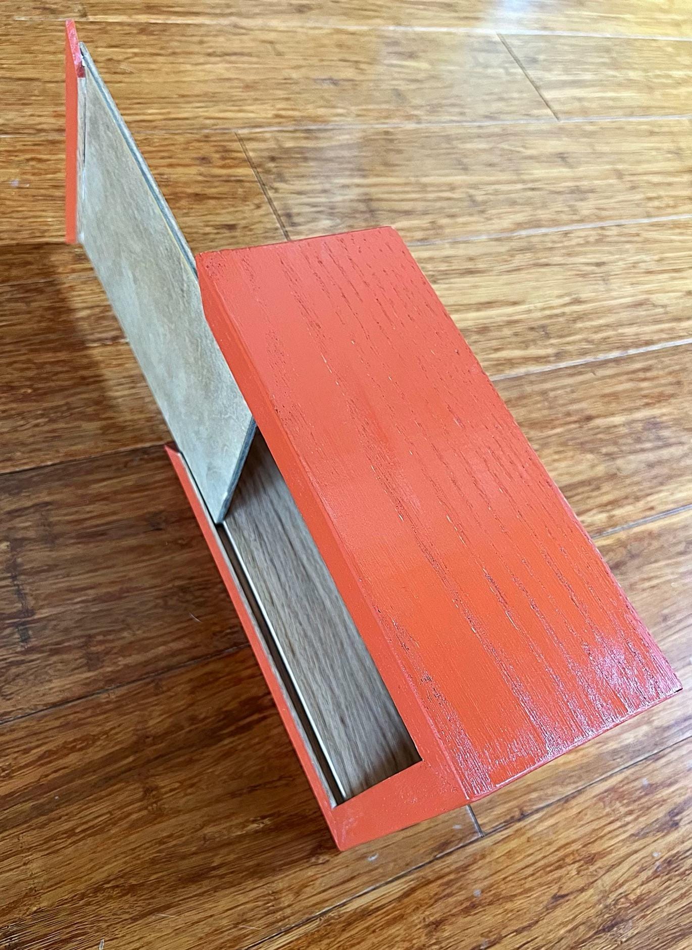 Handmade Recycled Oak Storage Box: Orange Milk Paint Finish, Felt Bottom