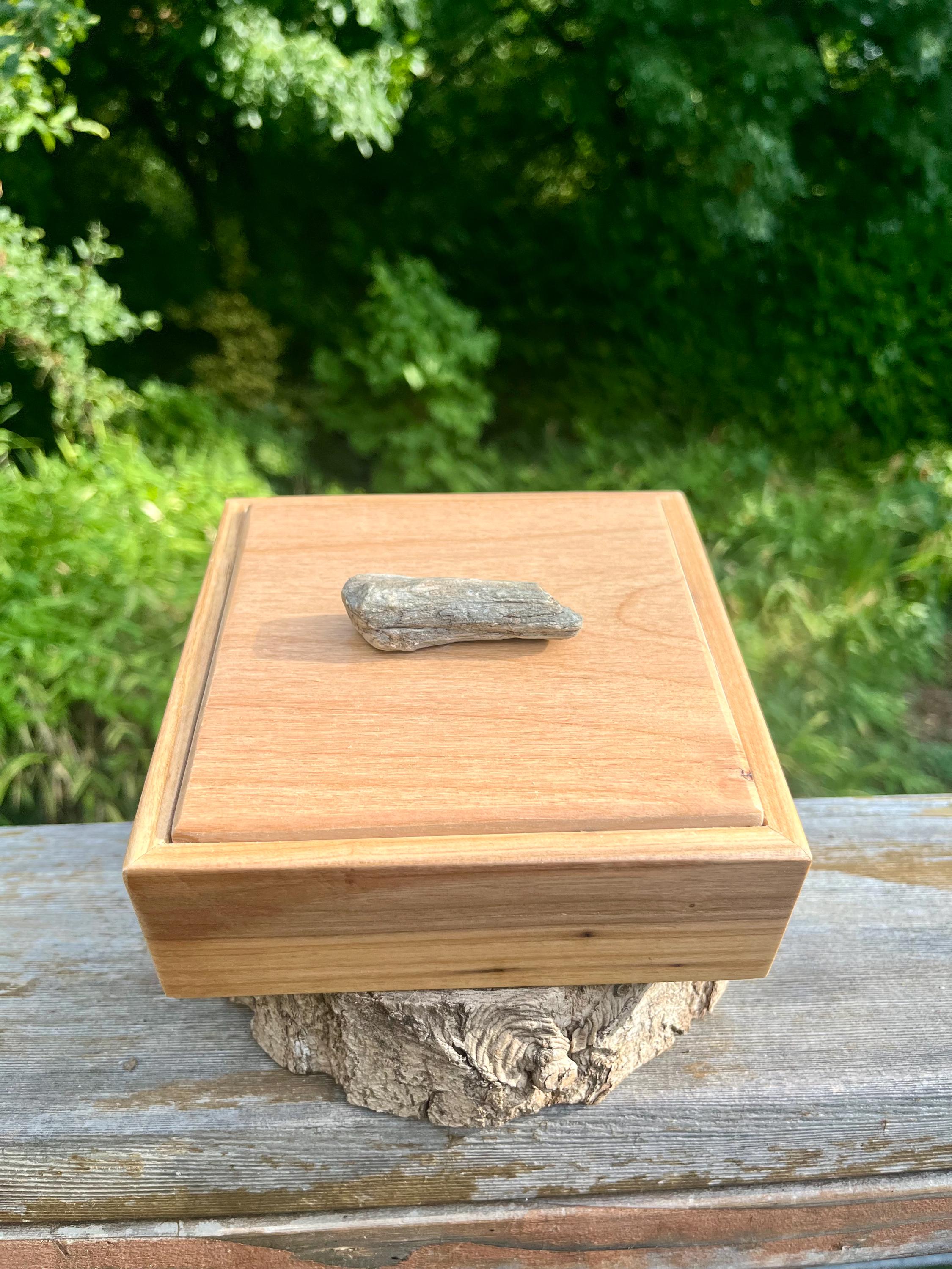Apple Wood Jewelry Box with Petrified Wood Lid: Green Felt Lined
