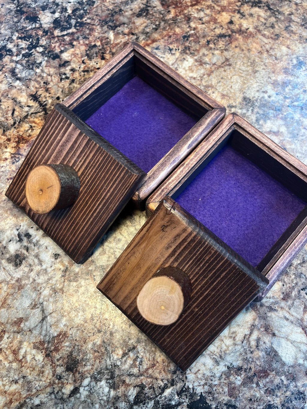 Handmade Spruce Wood Jewelry Box Set – Rustic Plum Wood Pulls, Purple Felt