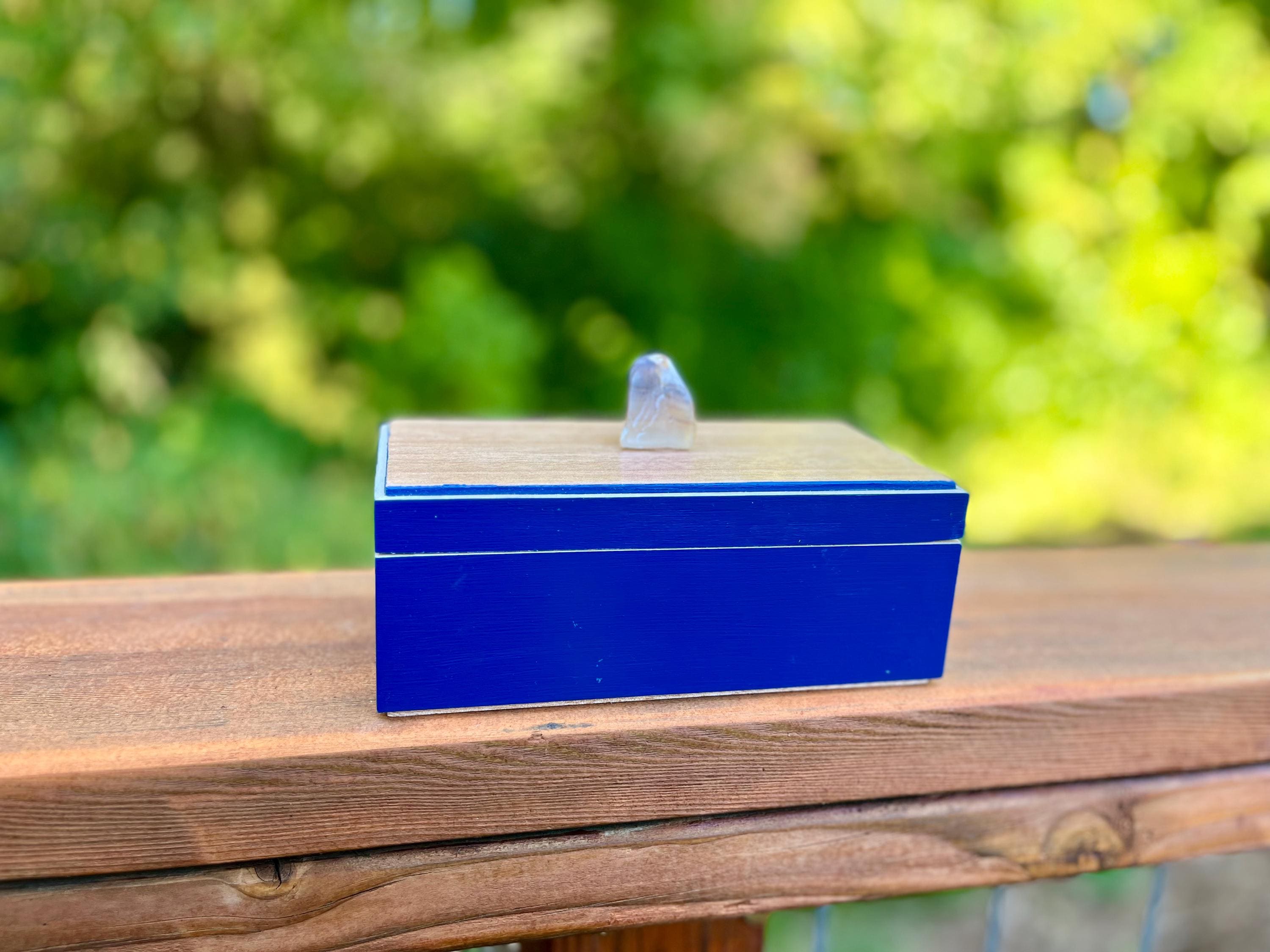 Handmade Maple Jewelry Box: Blue Milk Paint Finish, Smokey Quartz Pull