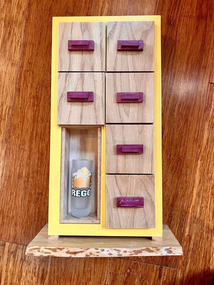 Handmade Wooden Tea Box: Oak Drawers, Purpleheart Pulls, Live Edge Ash Base