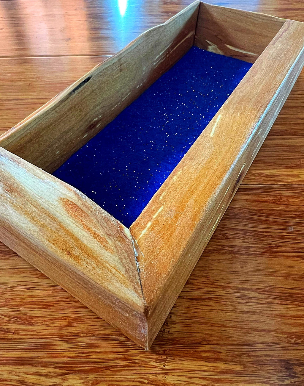 Live-Edge Apple Wood Jewelry Tray: Blue Sparkle Felt, Handmade Keepsake Holder