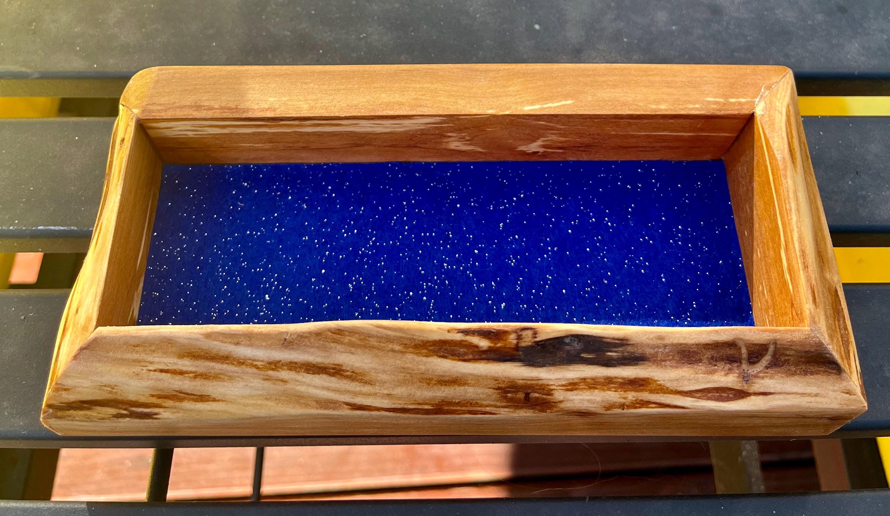 Live-Edge Apple Wood Jewelry Tray: Blue Sparkle Felt, Handmade Keepsake Holder