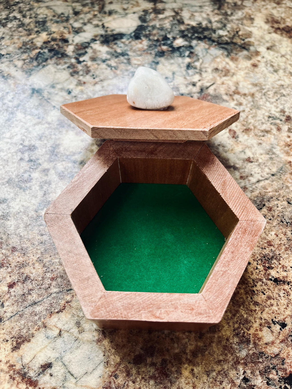 Handmade Mahogany Hexagon Jewelry Box: Quartz Crystal Lid