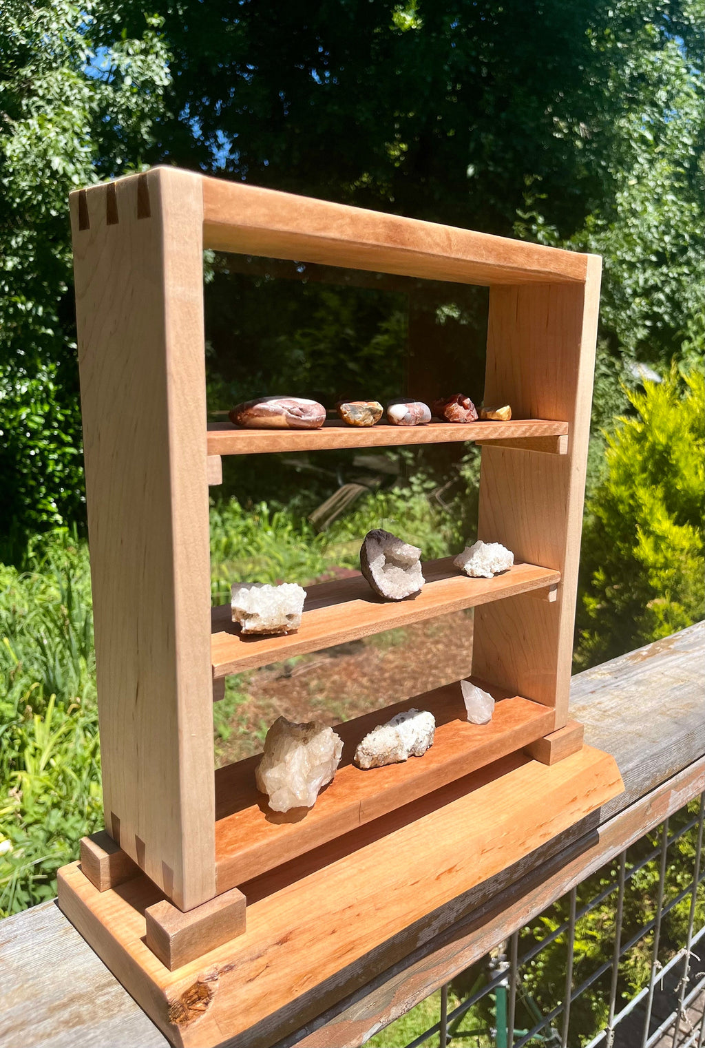 Handmade Wood Desktop Shelf: Mahogany, Oak & Live Edge Alder Base