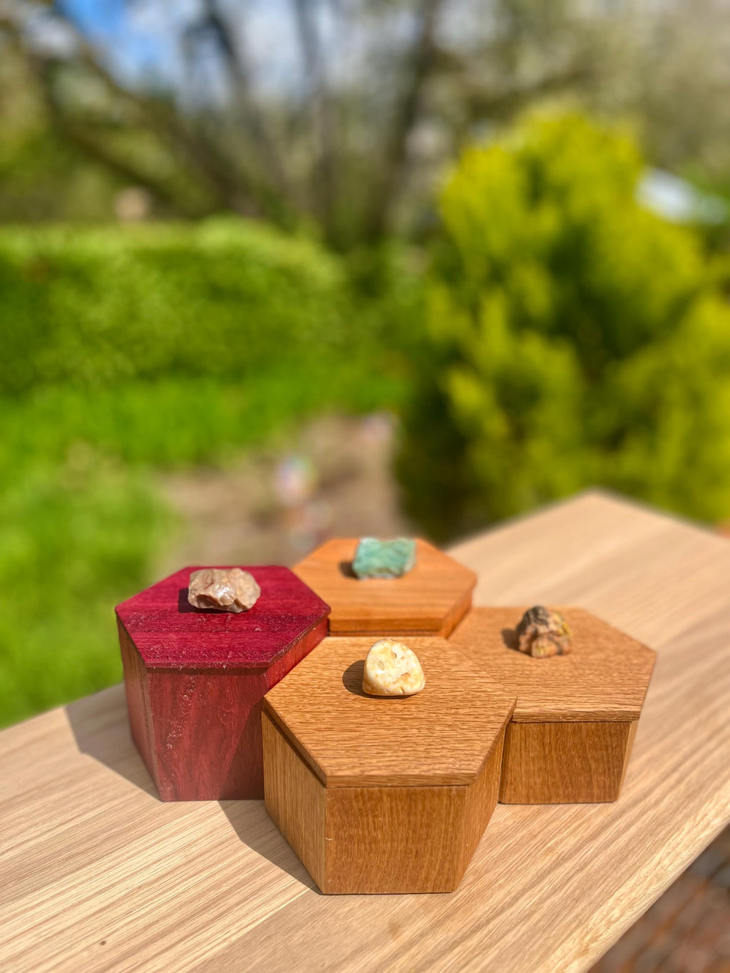Honeycomb Jewelry Box: Purpleheart, Plum & Oak with Agate Lids