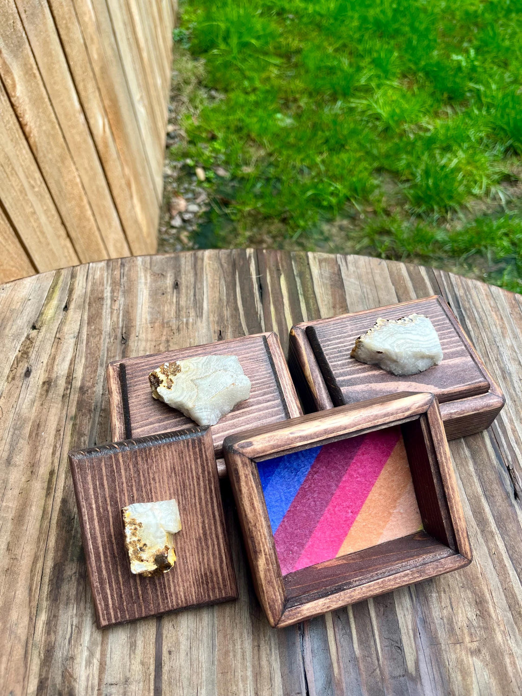Handmade Spruce Wood Jewelry Box Set – Oregon Thunderegg Pulls, Rainbow Felt Lined