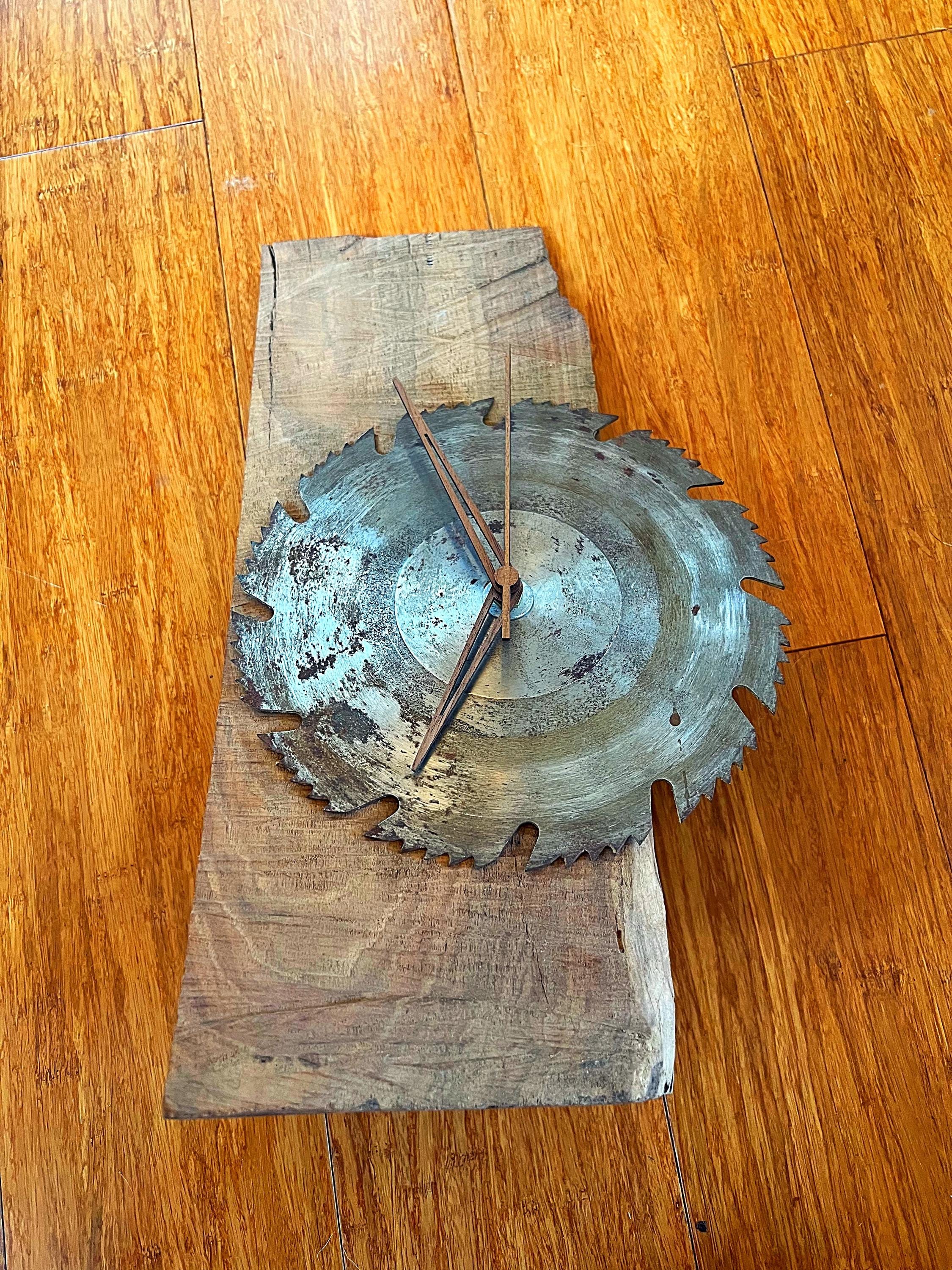Handmade Walnut Desk Clock with Upcycled Saw Blade: Rustic Man Cave Decor