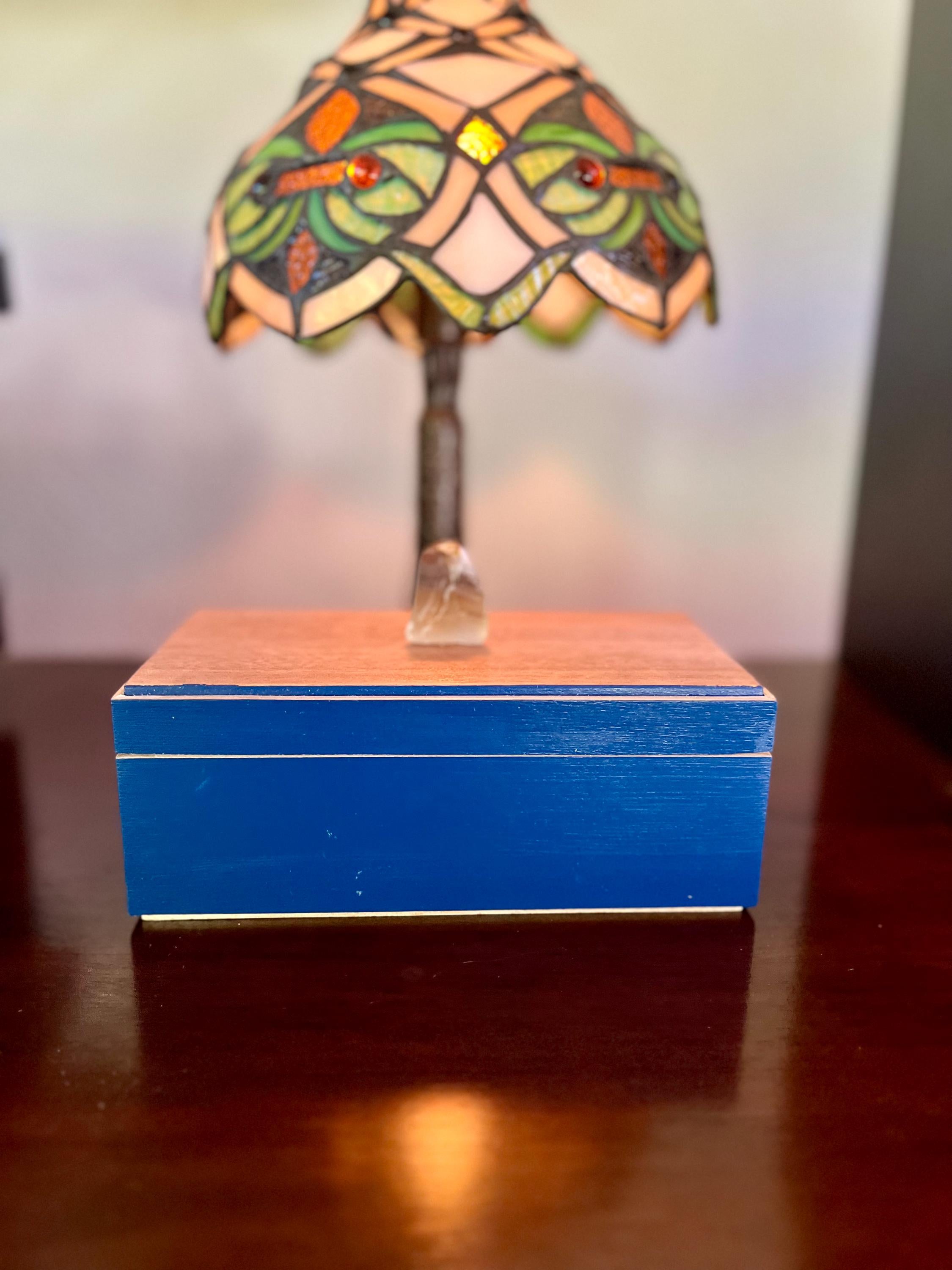 Handmade Maple Jewelry Box: Blue Milk Paint Finish, Smokey Quartz Pull