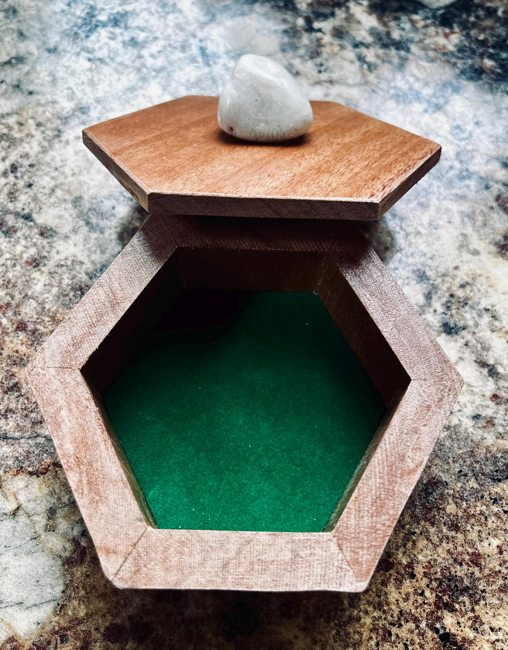 Handmade Mahogany Hexagon Jewelry Box: Quartz Crystal Lid