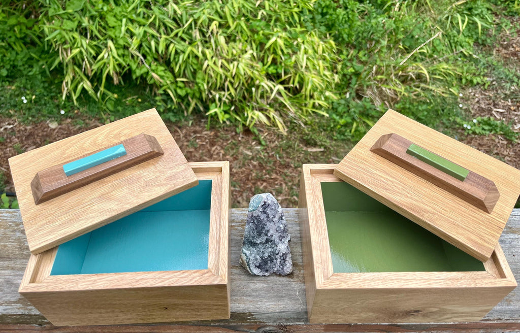 Reclaimed Oak Storage Boxes with Walnut Handles - Set of 2
