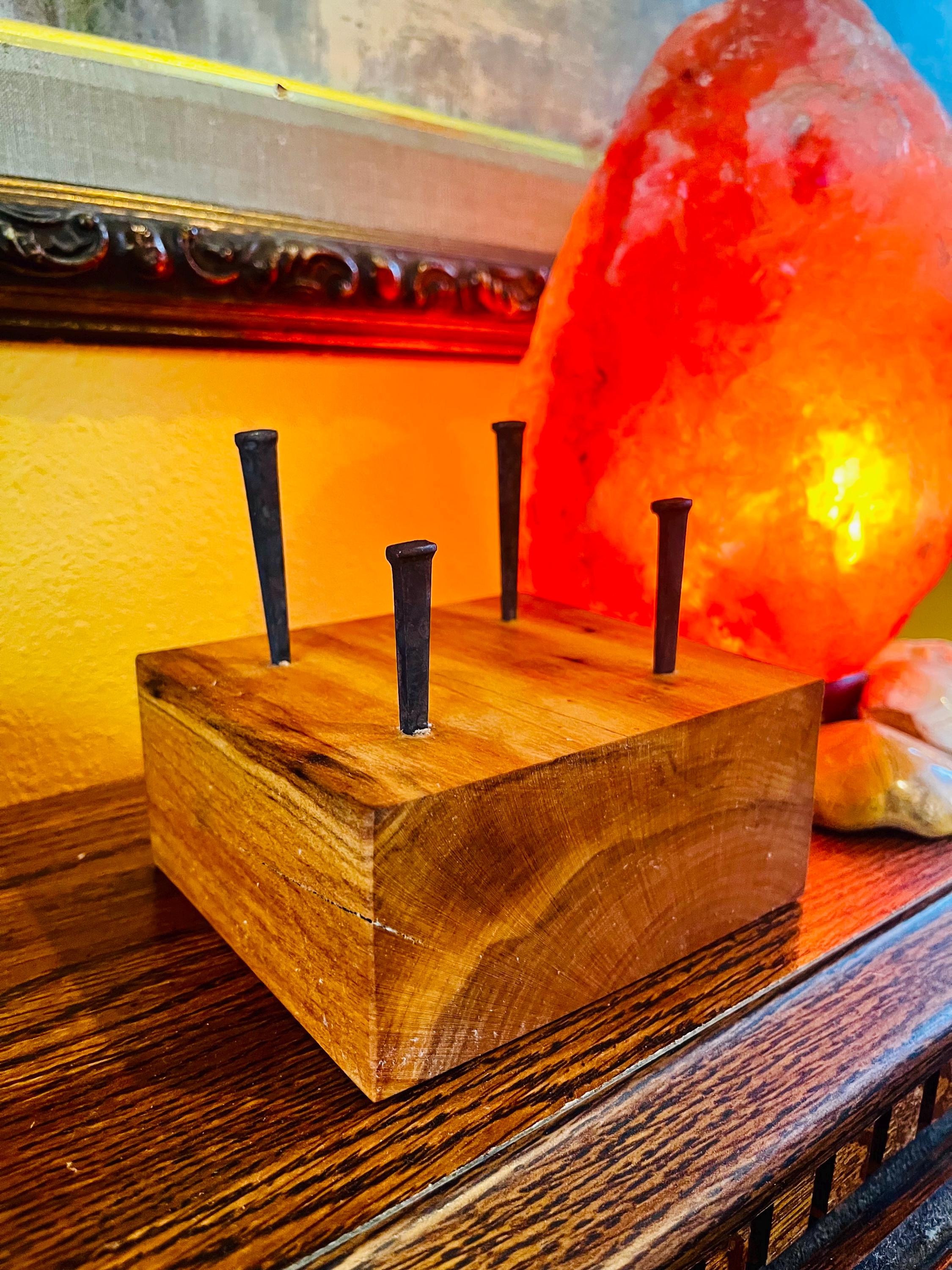 Handmade Plum and Apple Wood Business Card Holder: Rustic Desk Decor with Antique Nails