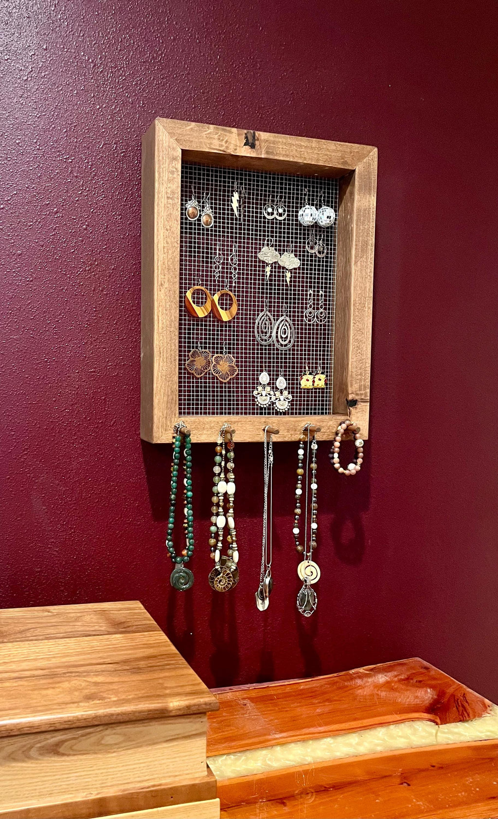 Alder Wood Jewelry Display | Wall-Hanging or Countertop Stand | Hardware Included
