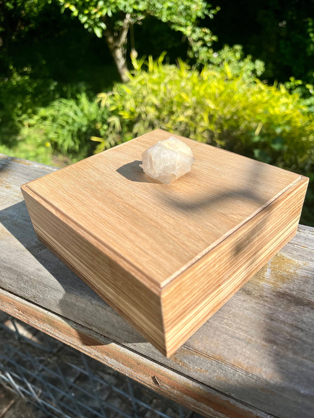 Handmade Zebrawood Jewelry Box: Oak Lid & Quartz Crystal Pull