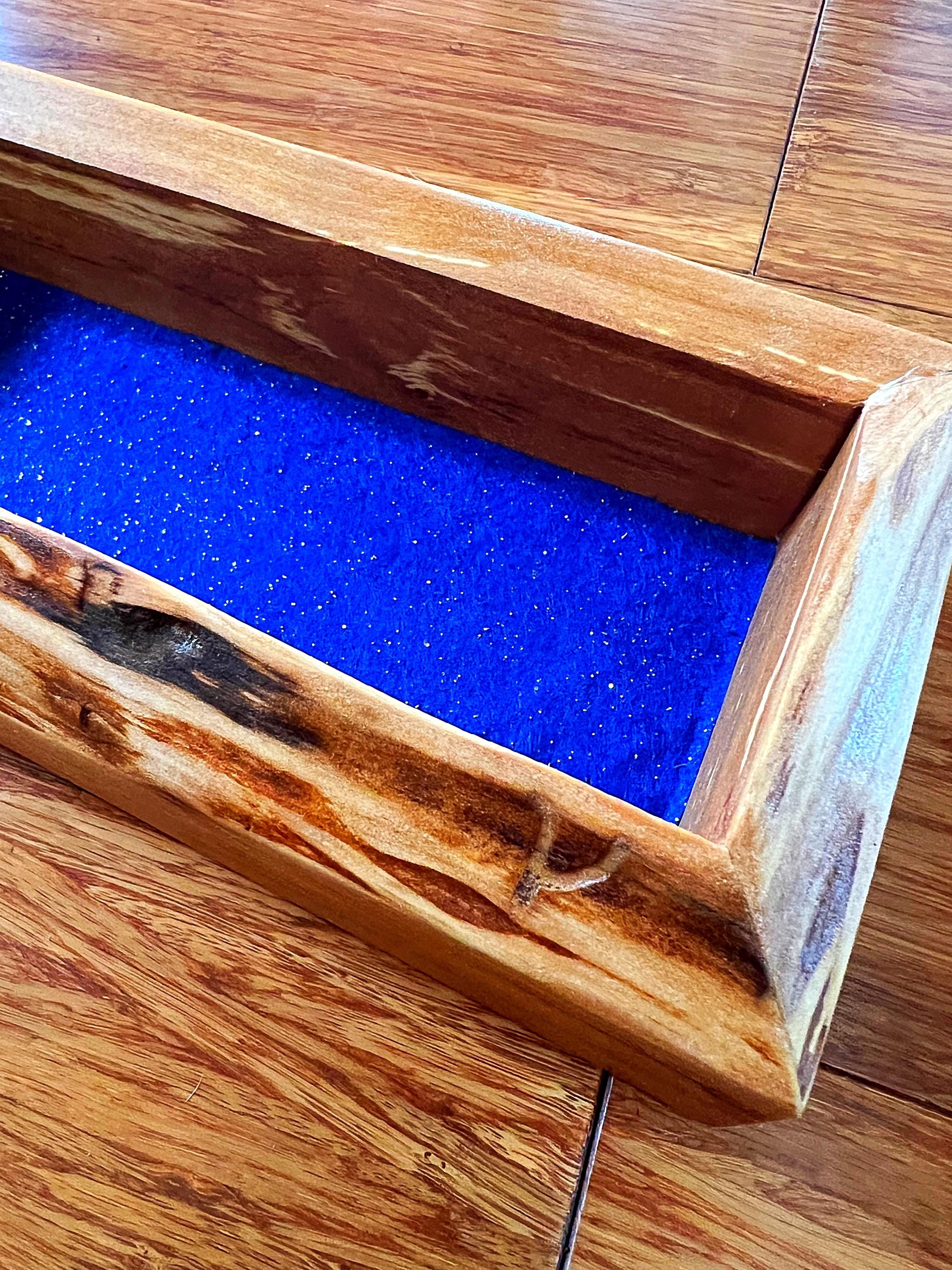 Live-Edge Apple Wood Jewelry Tray: Blue Sparkle Felt, Handmade Keepsake Holder